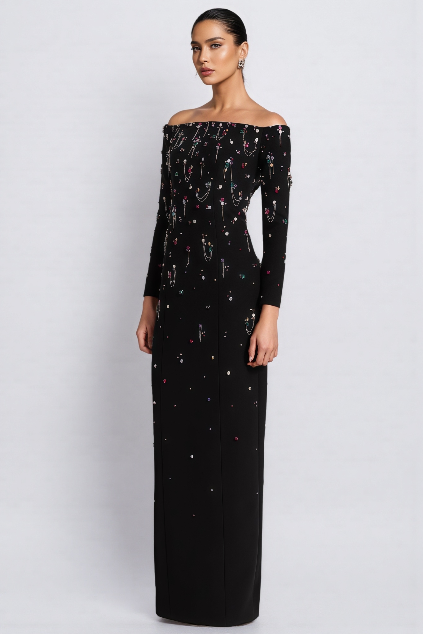 Opala Black Beaded Rhinestone Maxi Dress
