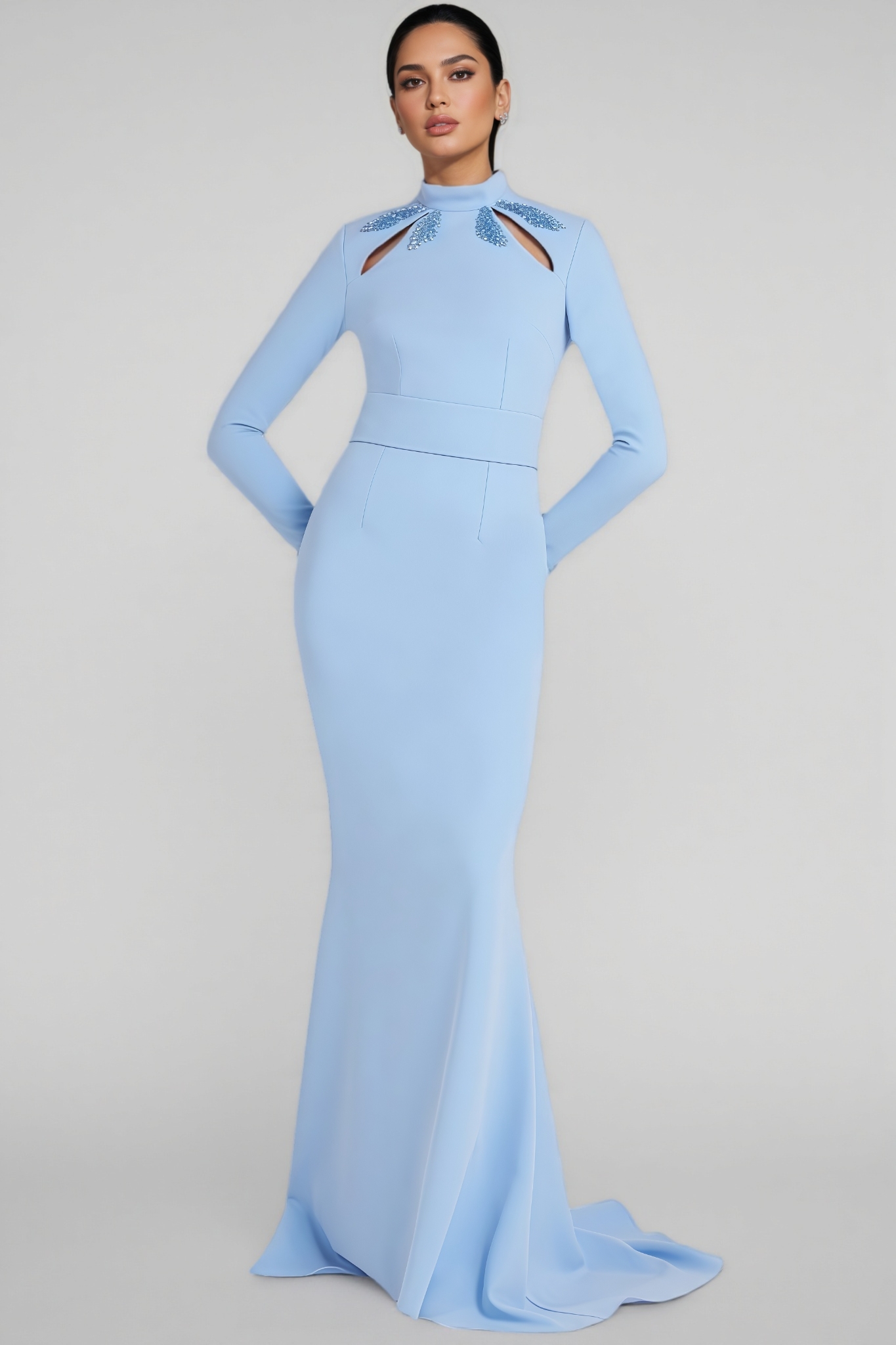 Banador Blue Beaded Sequined Cutout Maxi Dress