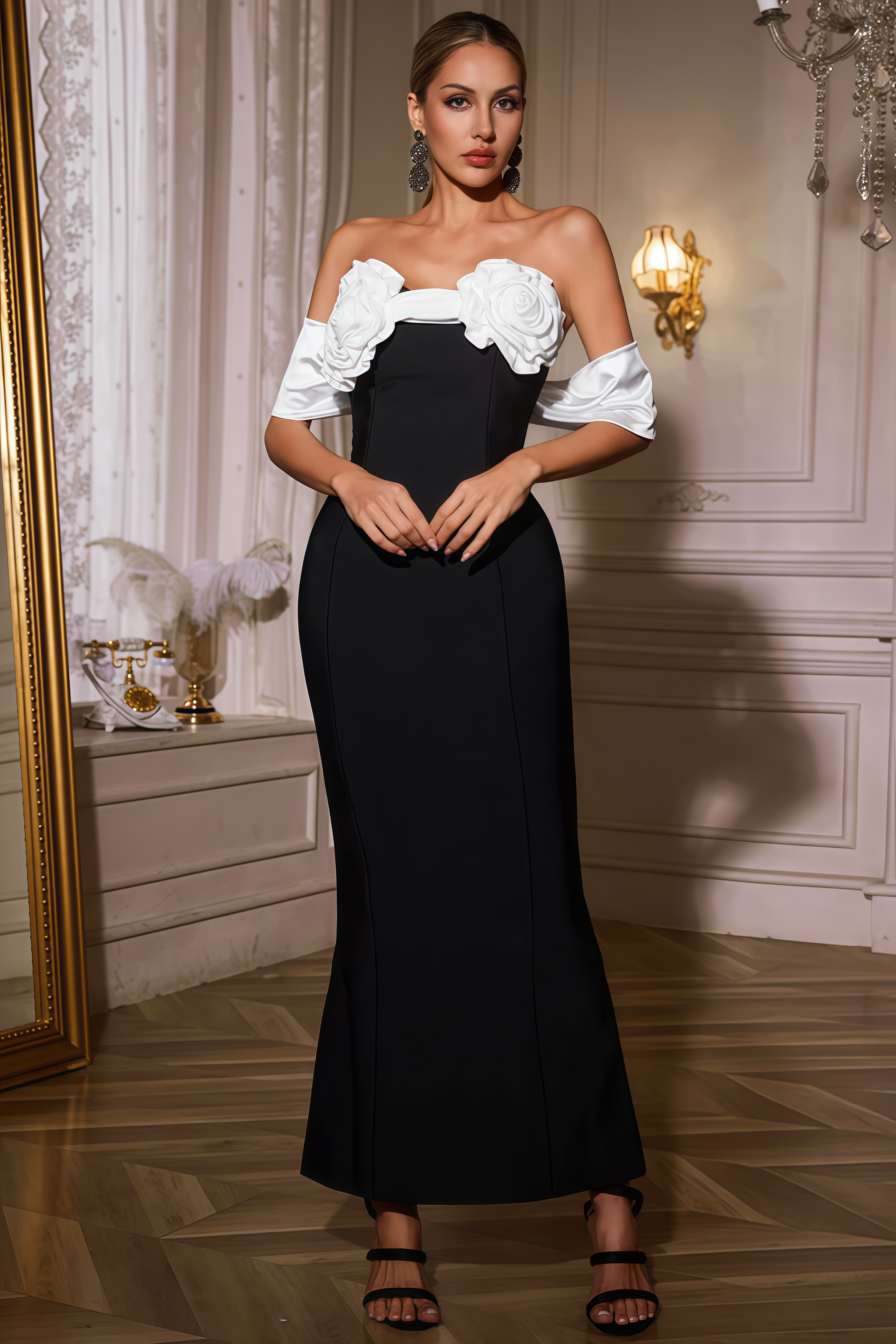 Hattilk Strapless Flower Bow Bandage Maxi Dress