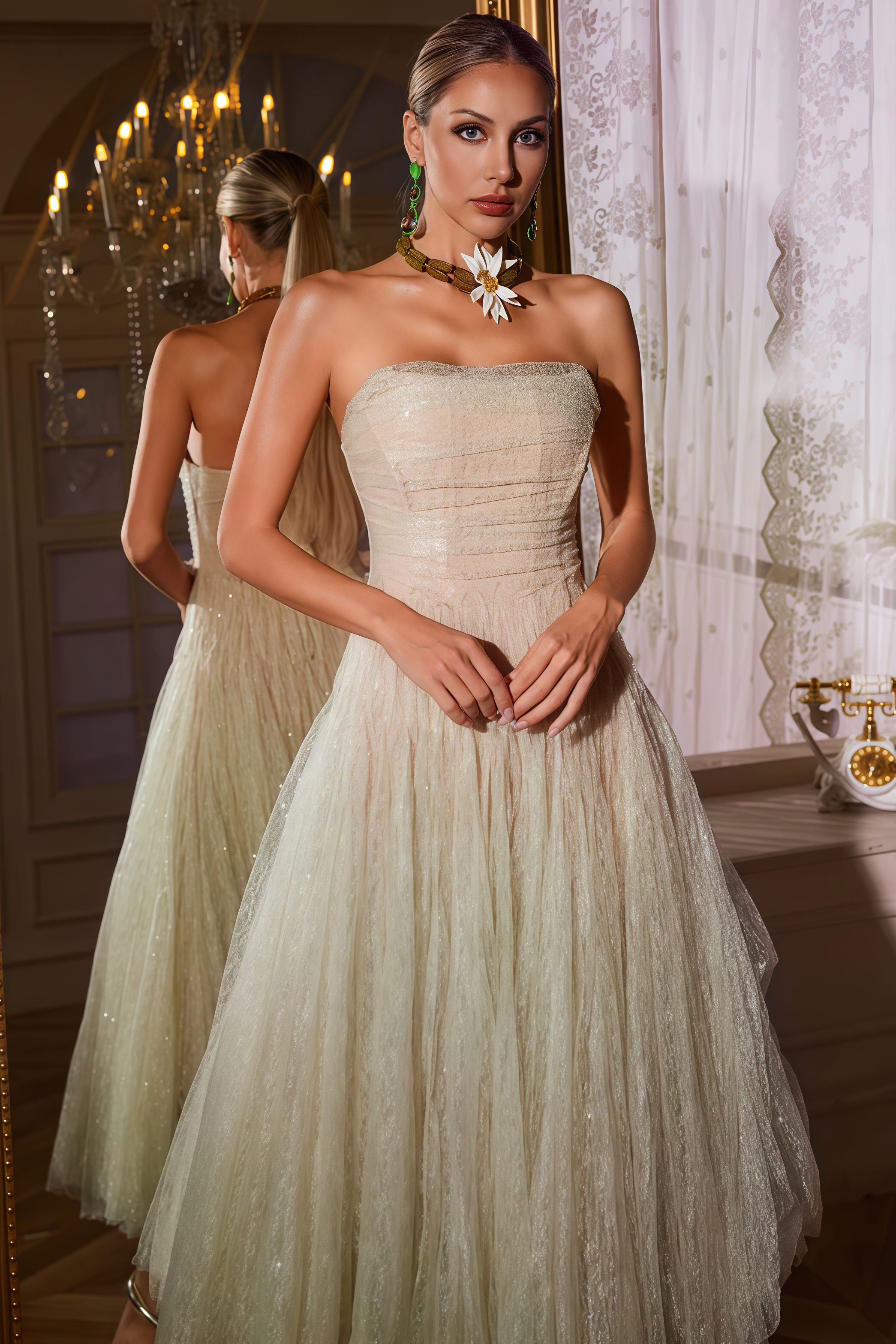 Rivend Green Strapless Ruched Mesh Midi Dress 