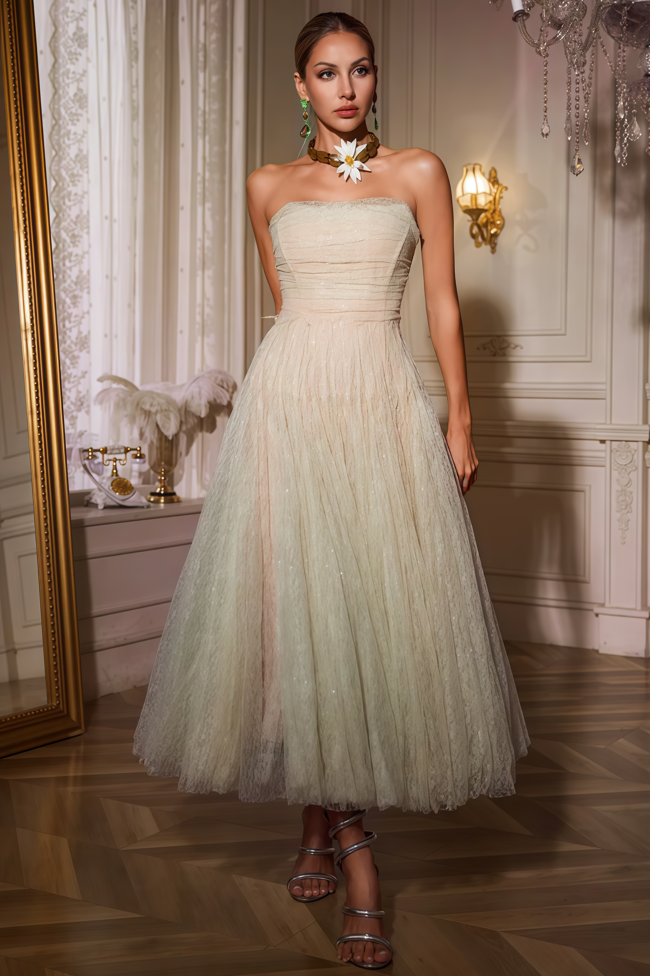 Rivend Green Strapless Ruched Mesh Midi Dress 