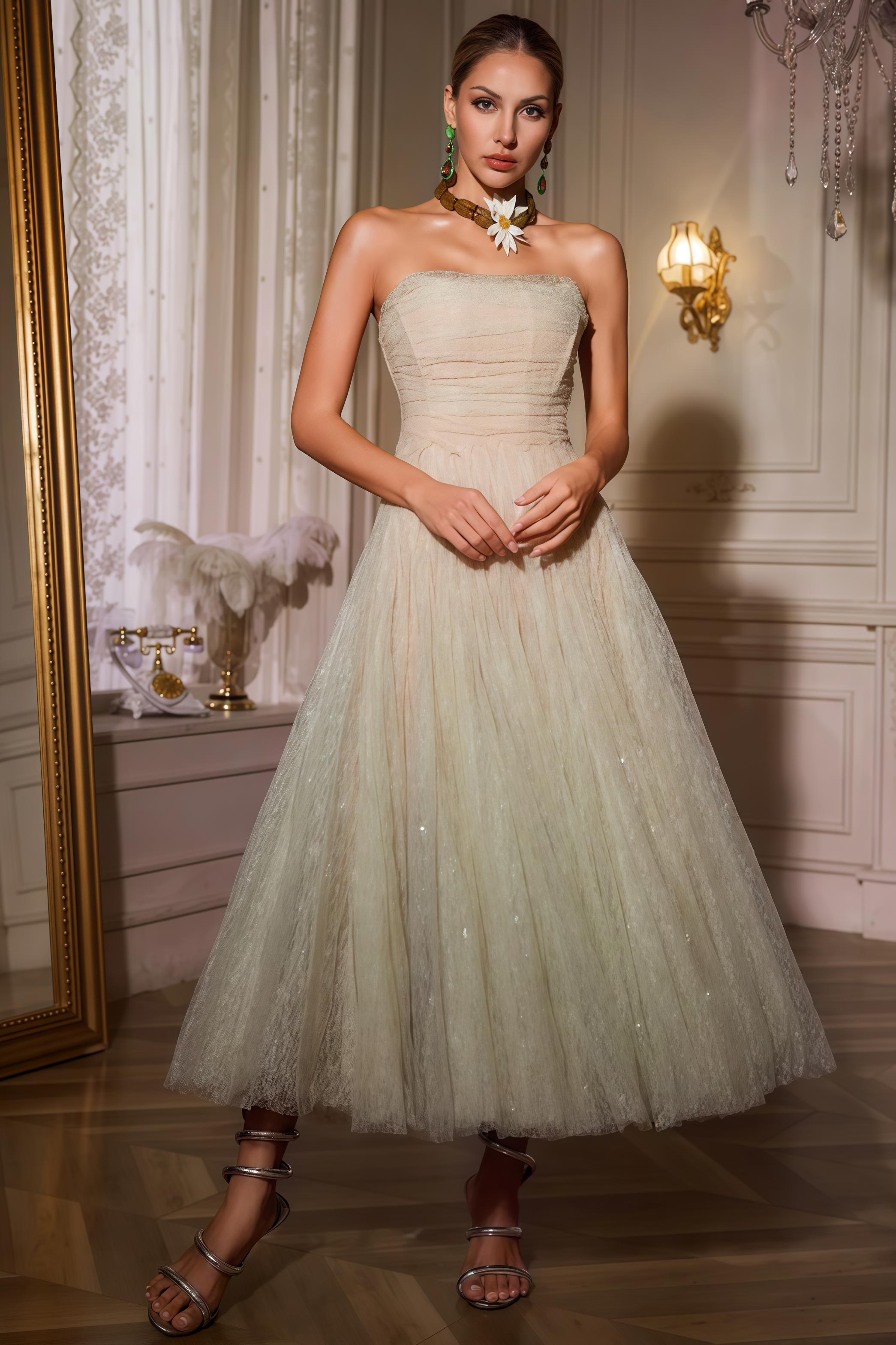 Rivend Green Strapless Ruched Mesh Midi Dress 