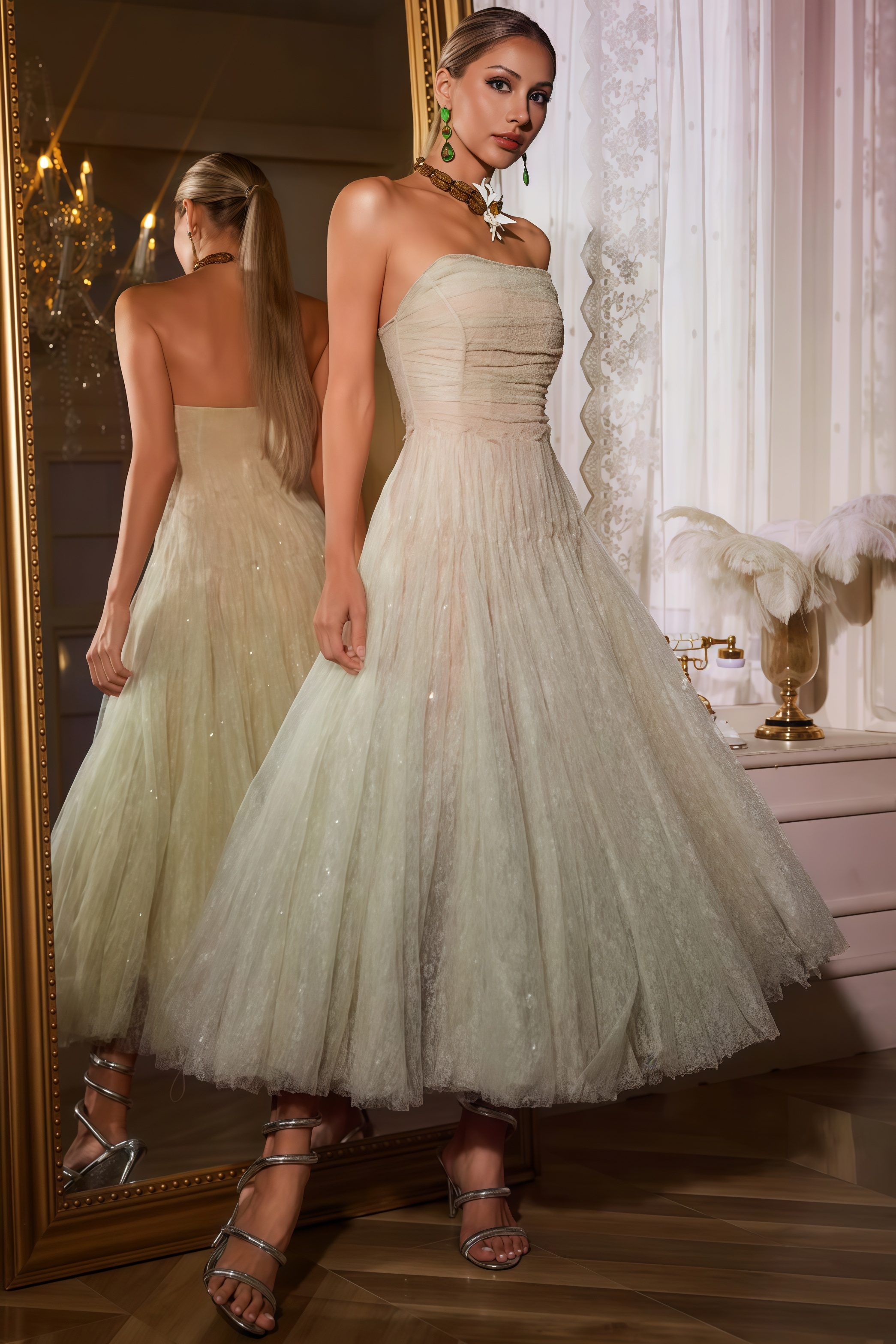 Rivend Green Strapless Ruched Mesh Midi Dress 