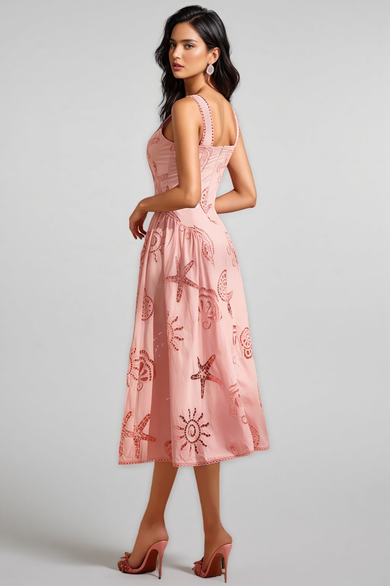 Lukea Pink Embroidered Openwork Midi Dress