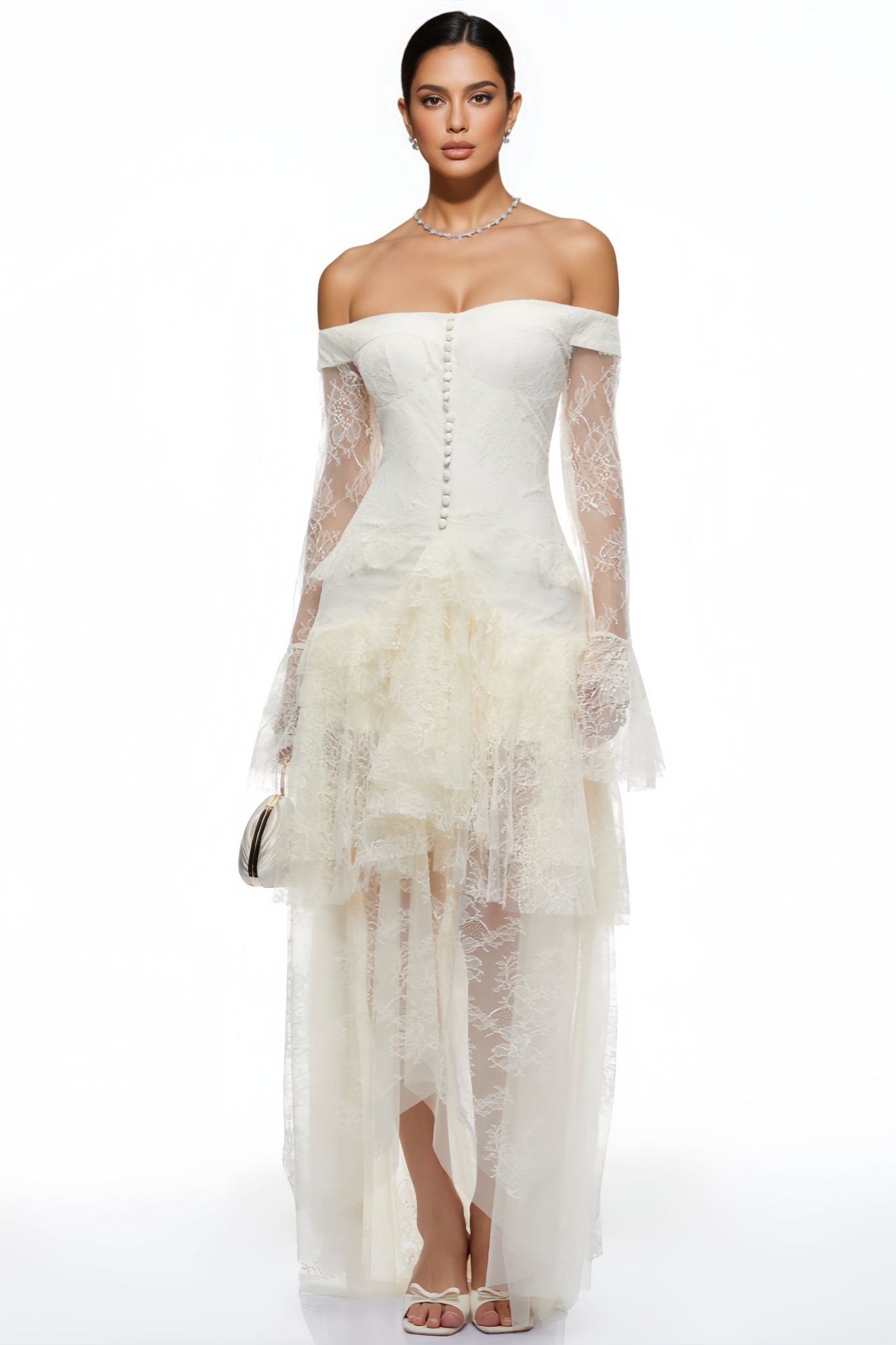 Riolet Off The Shoulder Ruffle Lace Maxi Dress