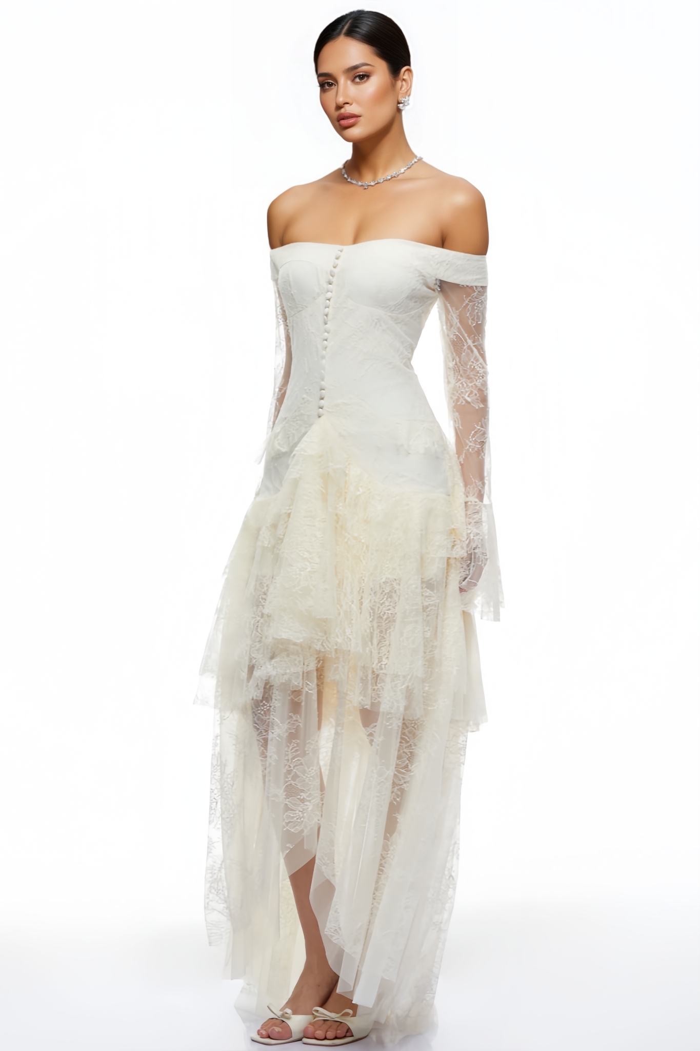 Riolet Off The Shoulder Ruffle Lace Maxi Dress