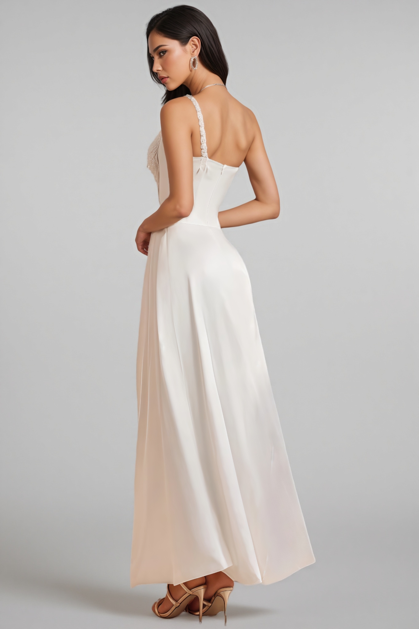 Camo One Shoulder Pearl Satin Maxi Dress