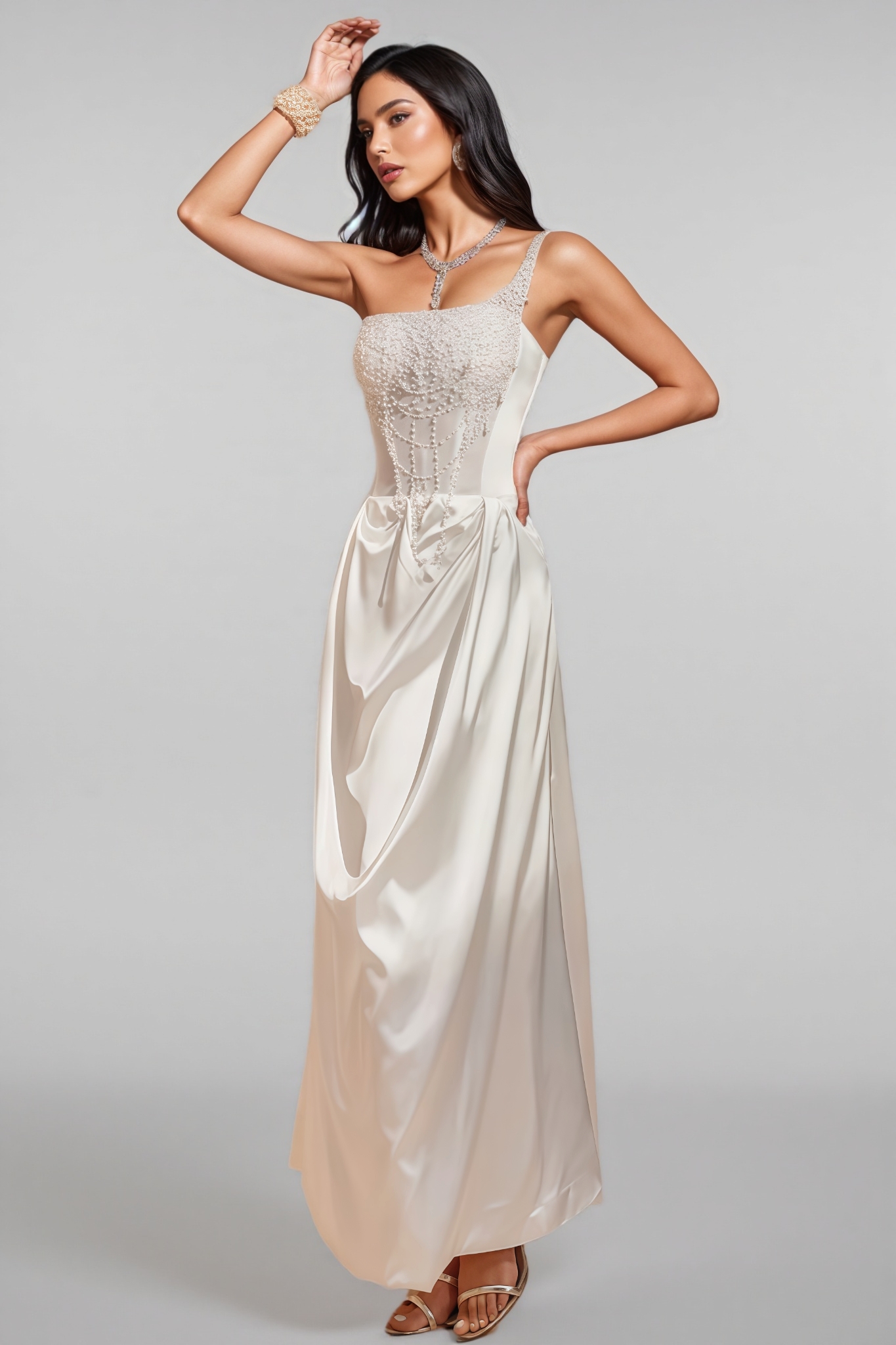 Camo One Shoulder Pearl Satin Maxi Dress