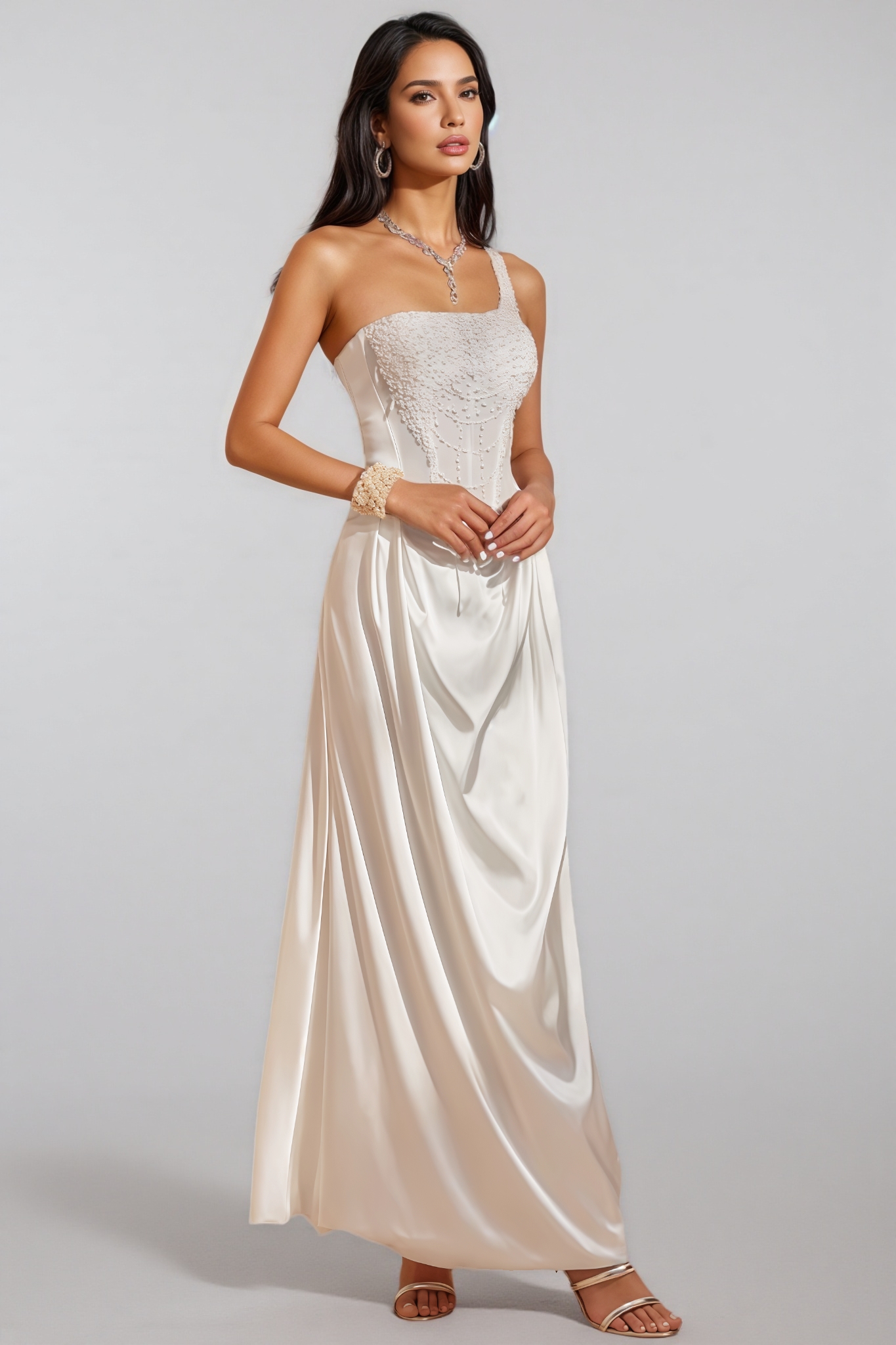 Camo One Shoulder Pearl Satin Maxi Dress