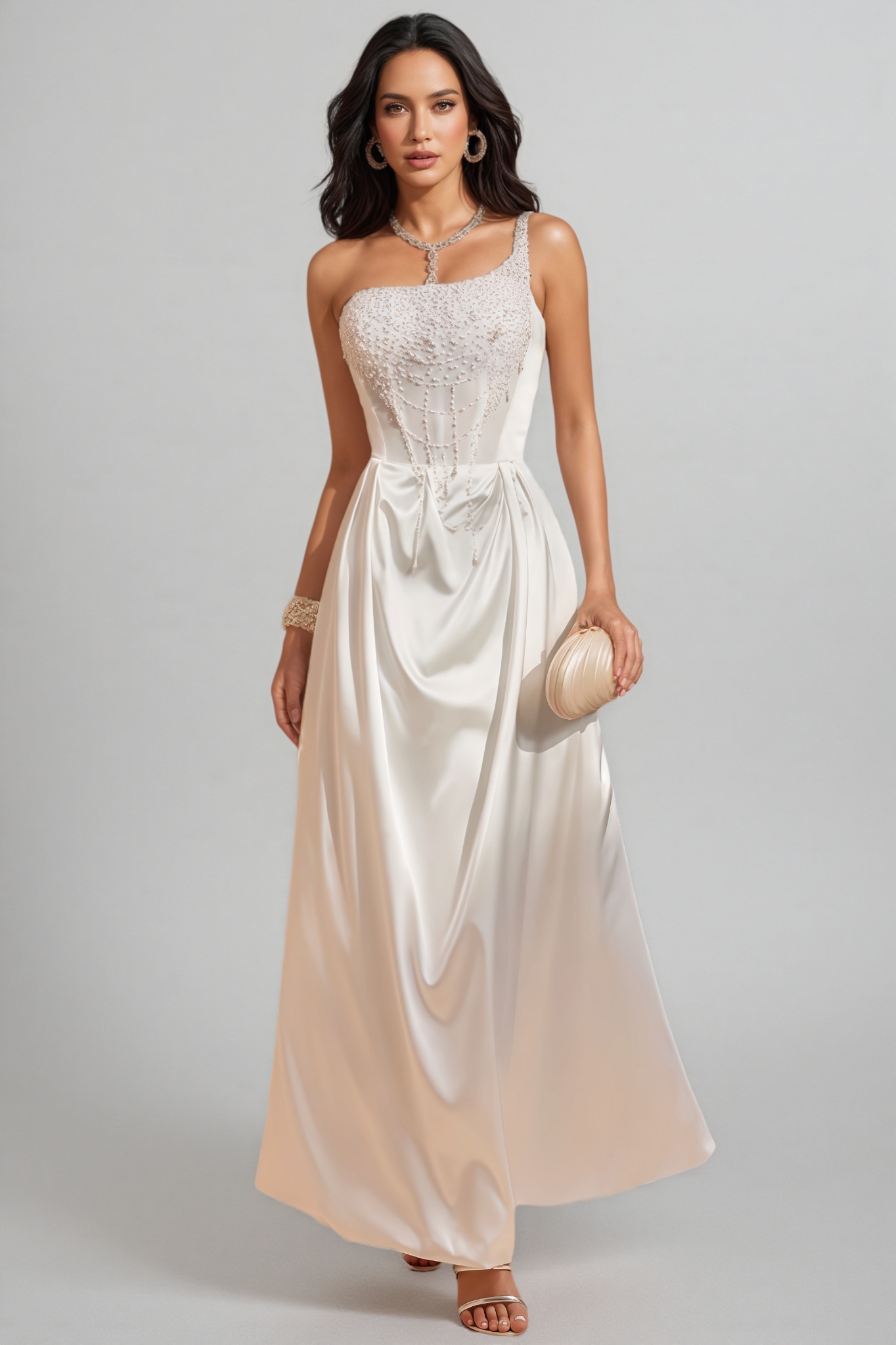 Camo One Shoulder Pearl Satin Maxi Dress