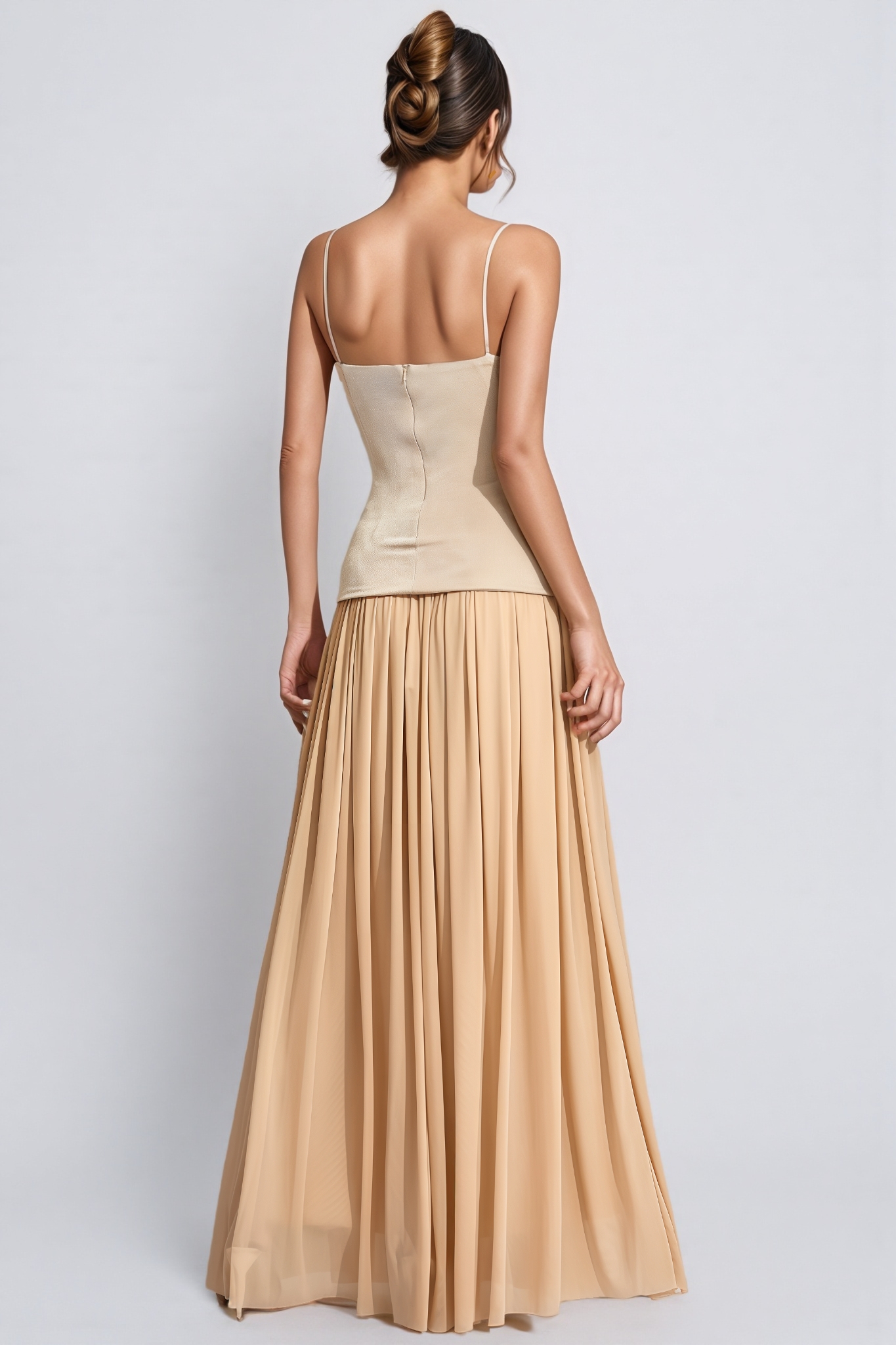 Raintp Beige Ruched Suspender Maxi Dress Set