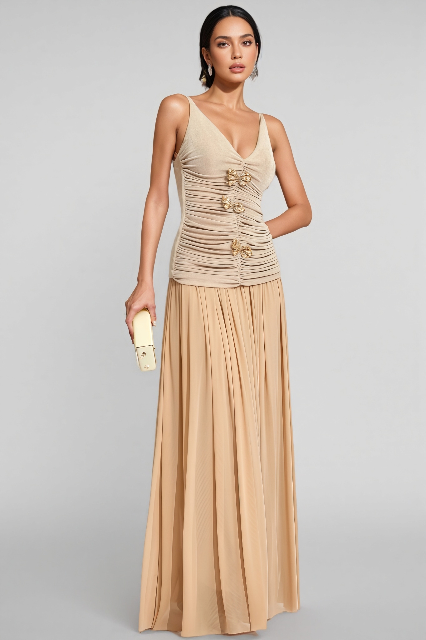 Raintp Beige Ruched Suspender Maxi Dress Set