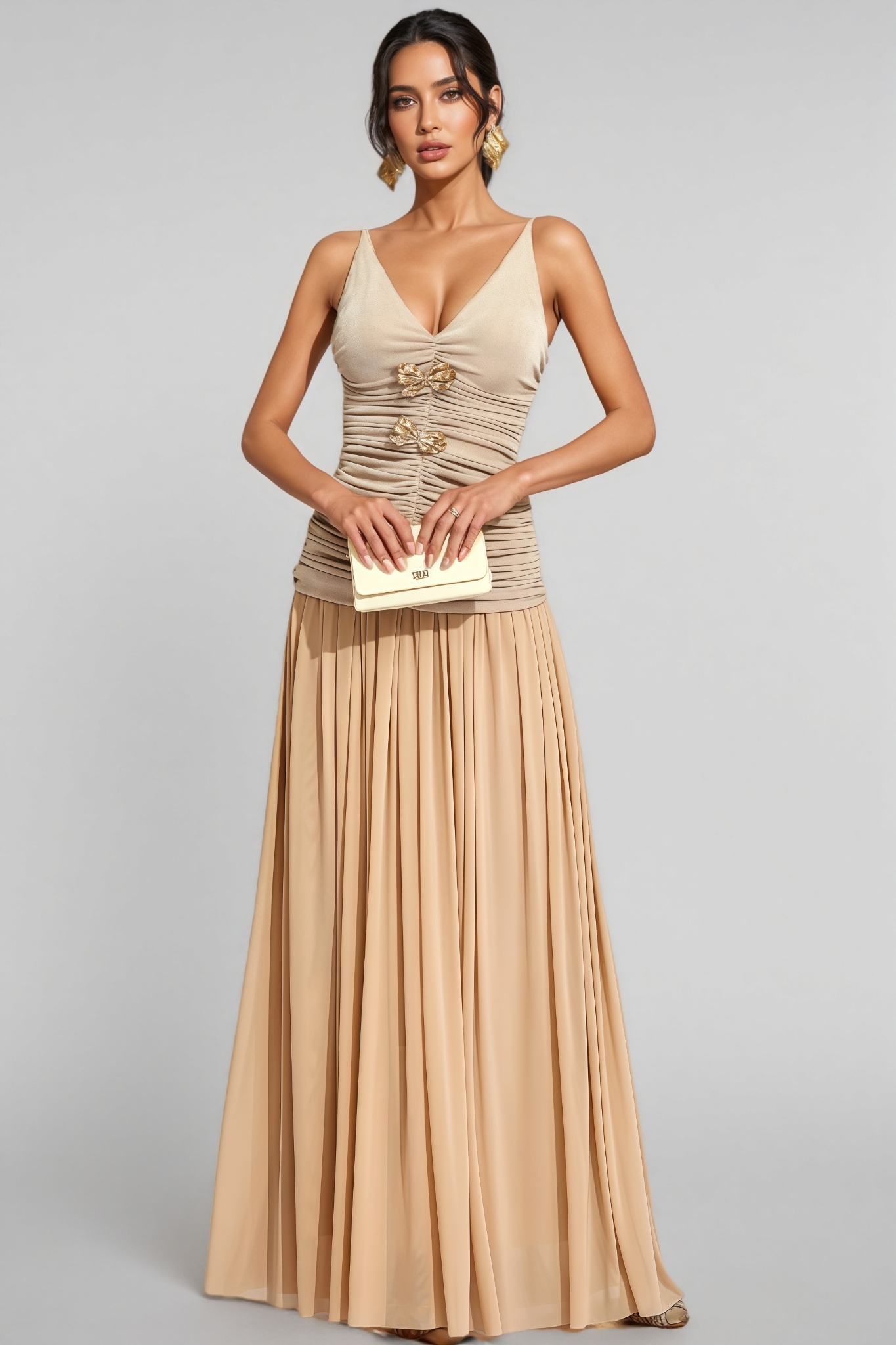 Raintp Beige Ruched Suspender Maxi Dress Set
