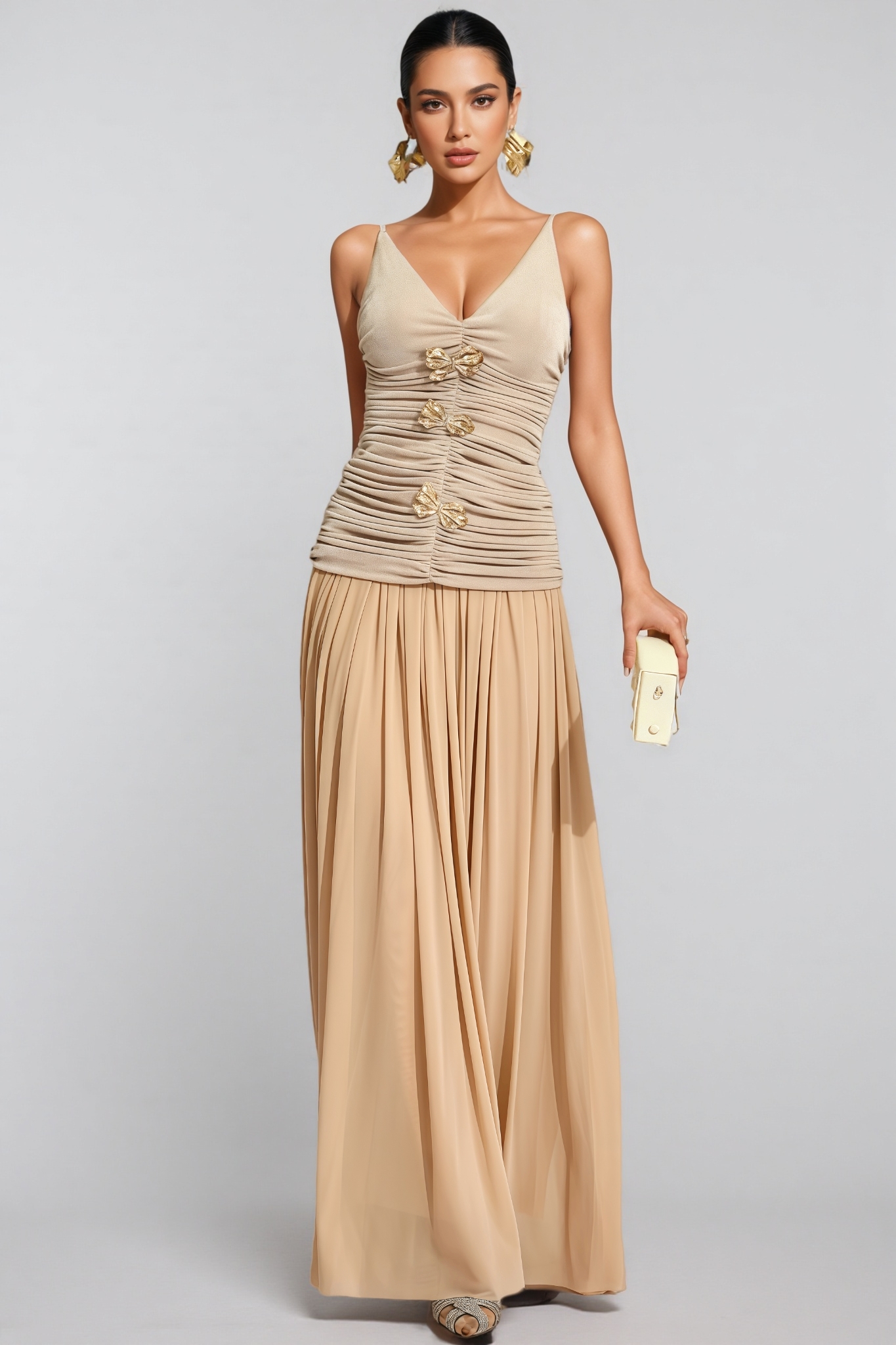 Raintp Beige Ruched Suspender Maxi Dress Set