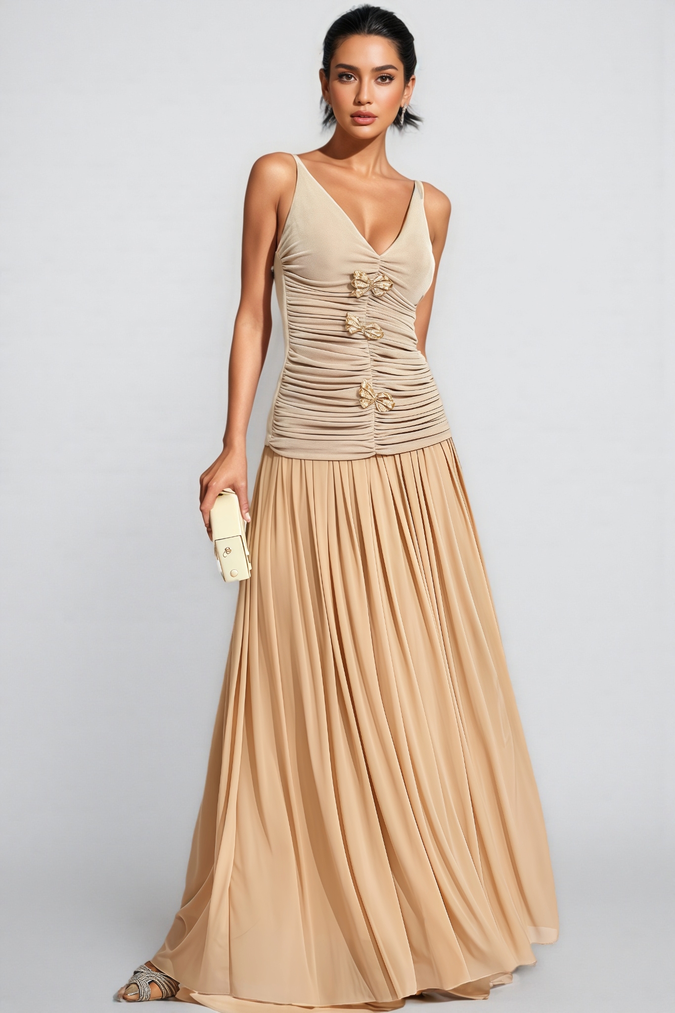 Raintp Beige Ruched Suspender Maxi Dress Set