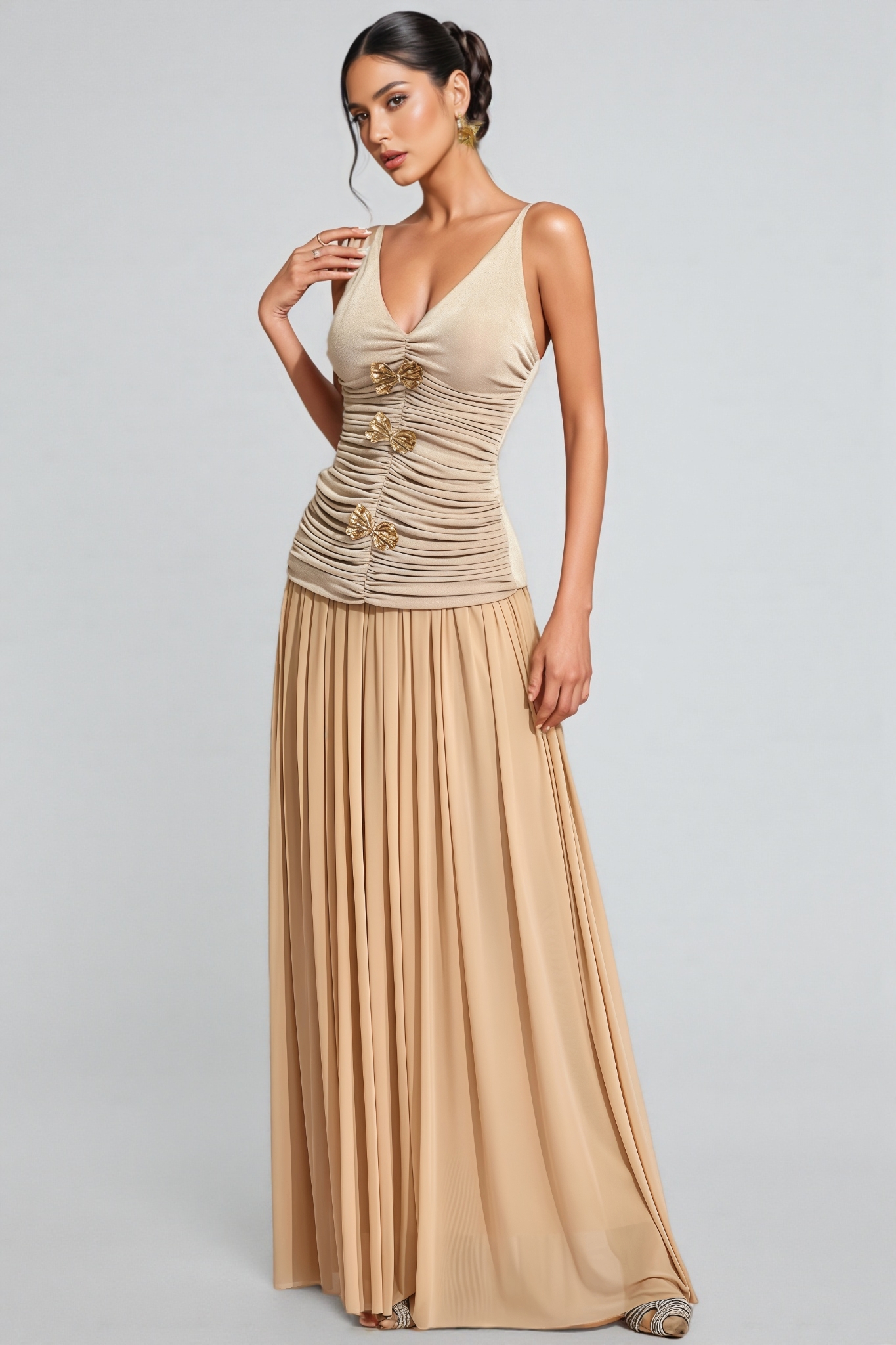 Raintp Beige Ruched Suspender Maxi Dress Set