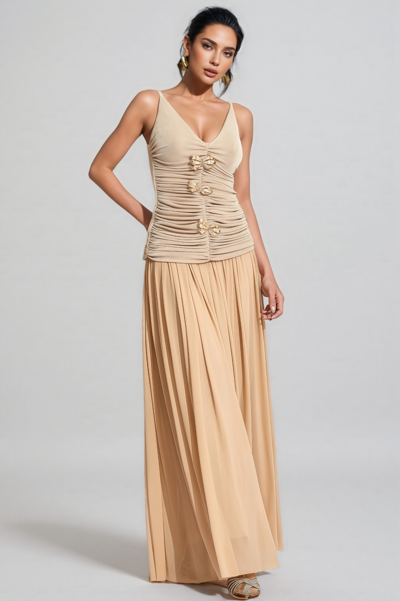 Raintp Beige Ruched Suspender Maxi Dress Set