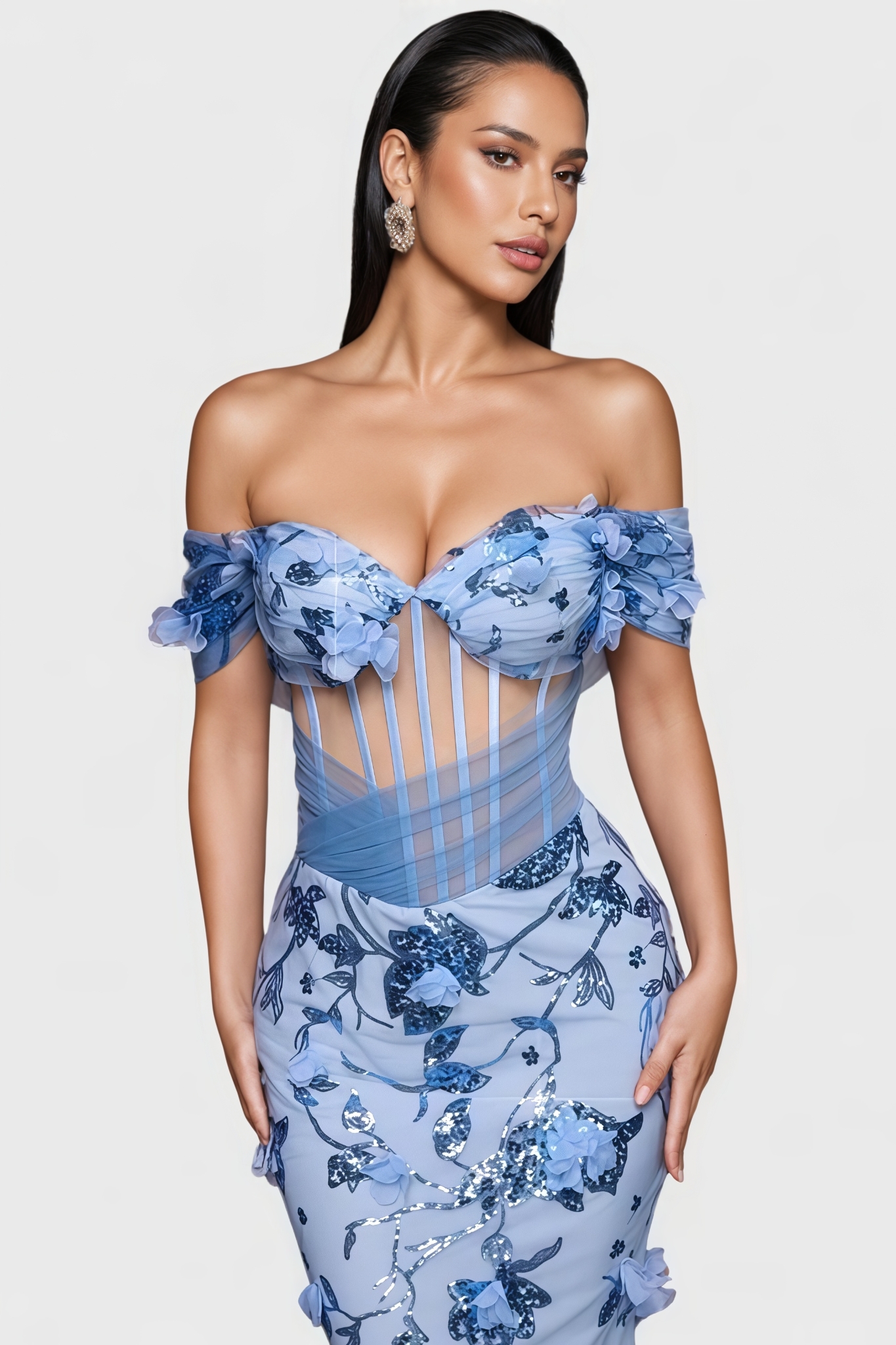 Pheont Blue Sequin Mesh Maxi Dress