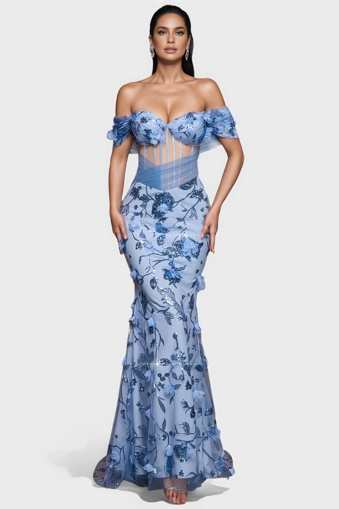 Pheont Blue Sequin Mesh Maxi Dress