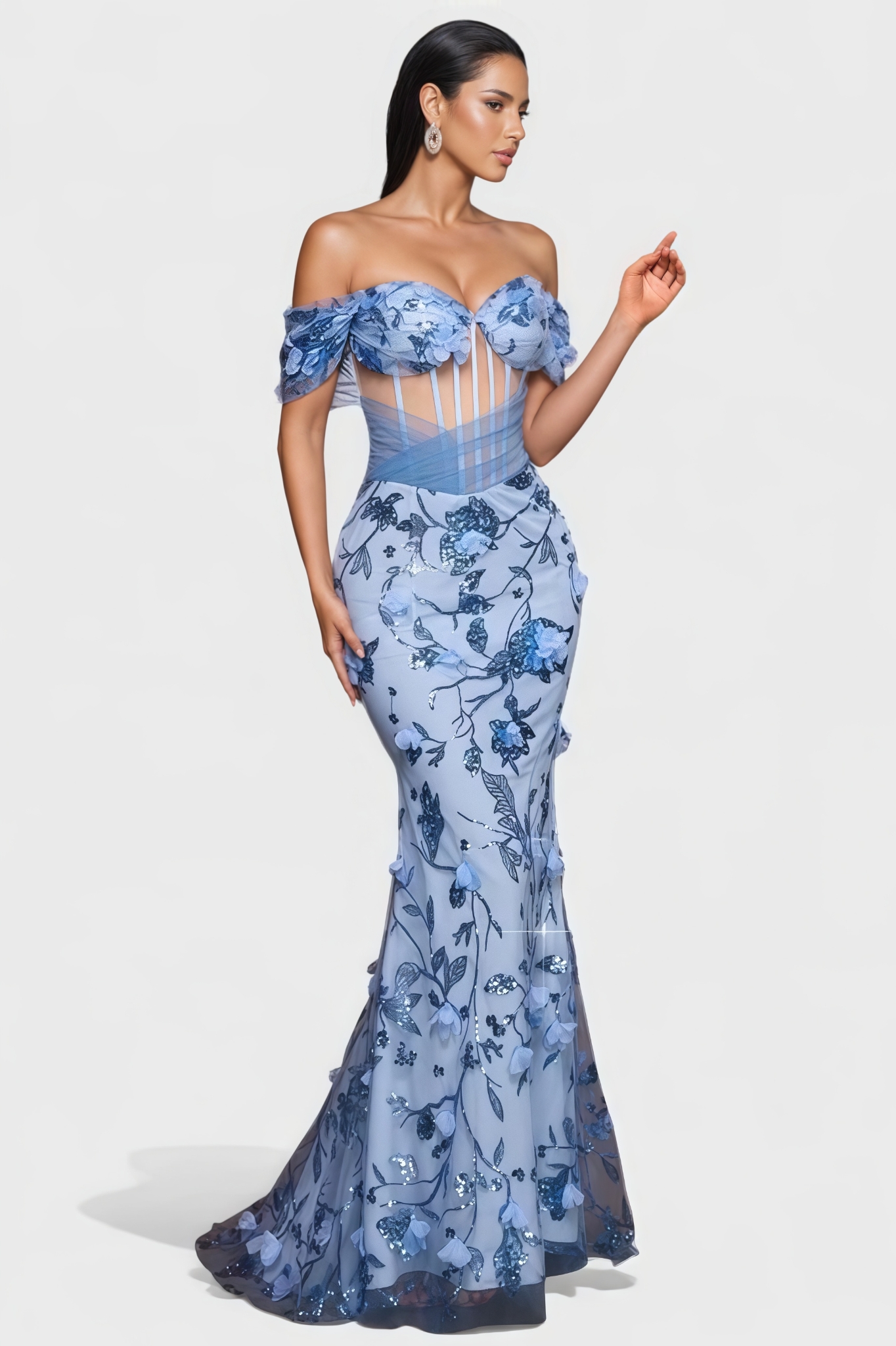 Pheont Blue Sequin Mesh Maxi Dress