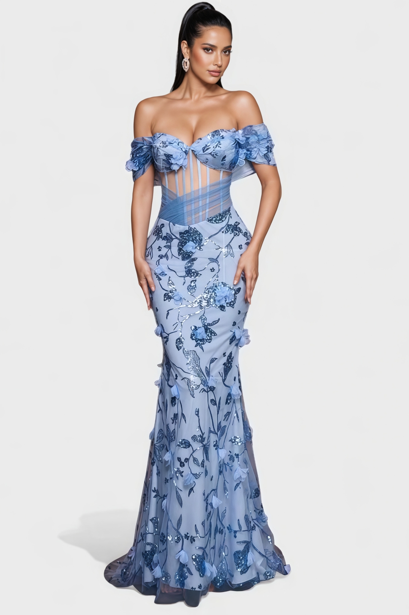 Pheont Blue Sequin Mesh Maxi Dress