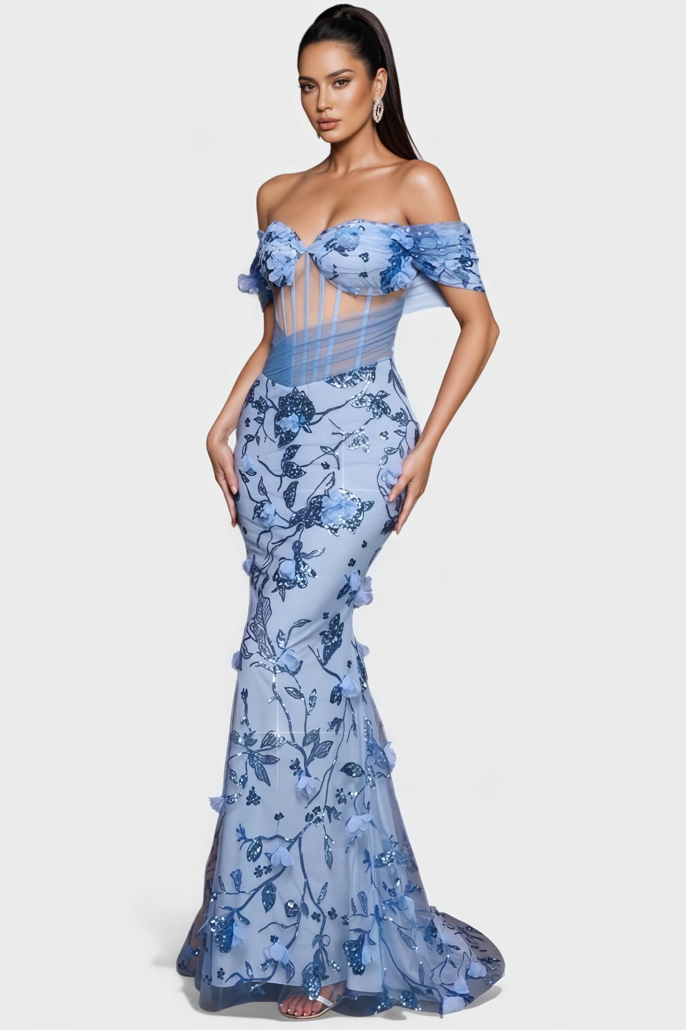 Pheont Blue Sequin Mesh Maxi Dress