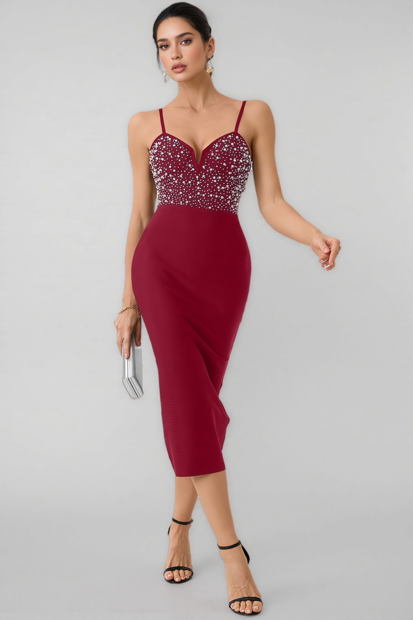 Slaia Red Studded Bandage Midi Dress