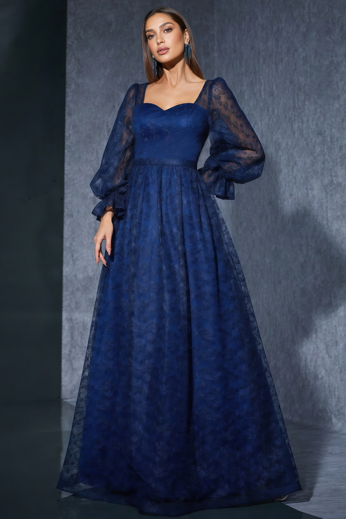Crana Blue Embroidered Mesh Maxi Dress