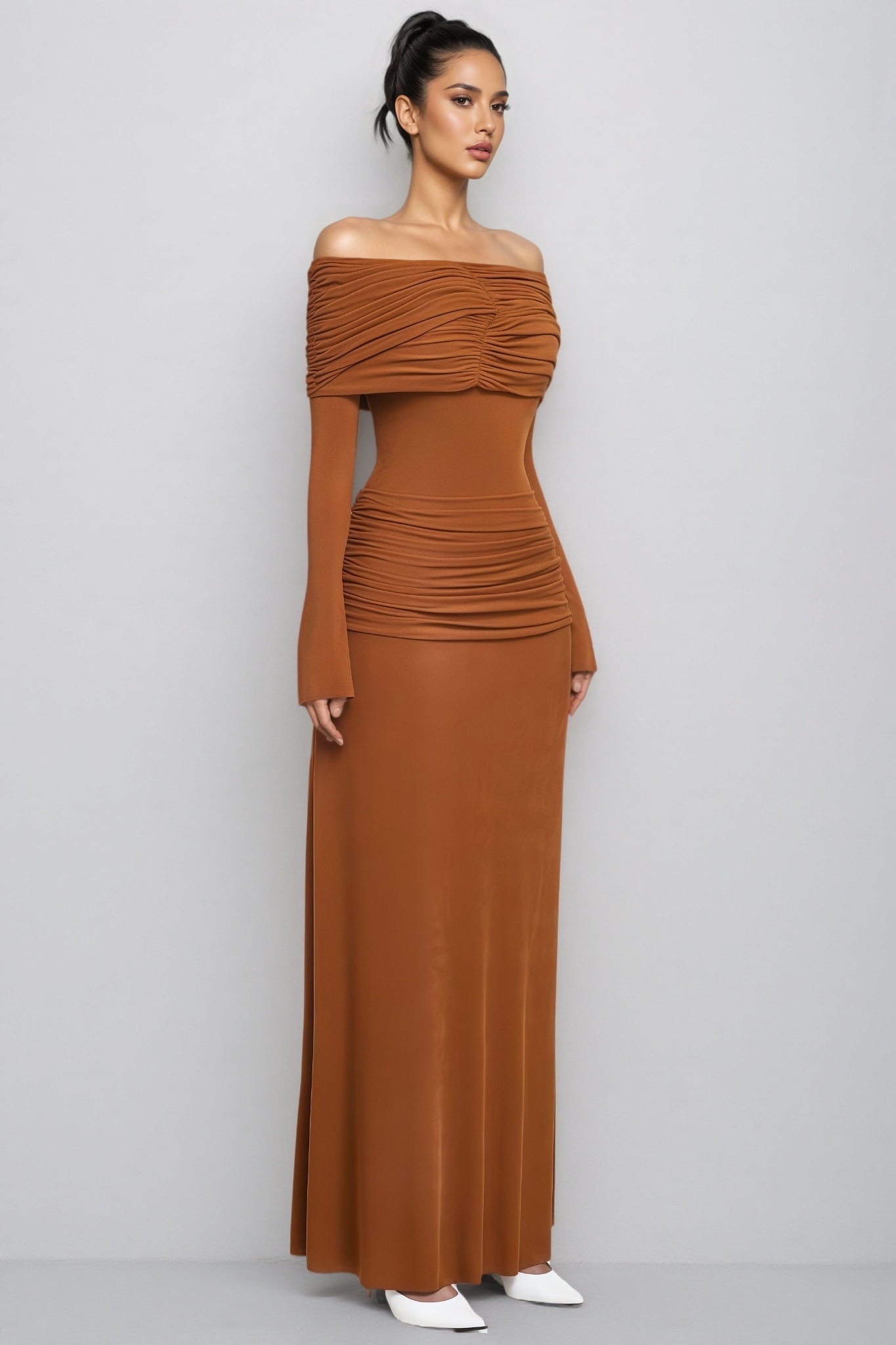 Davore Orange Knit Long Sleeve Pleated Maxi Dress