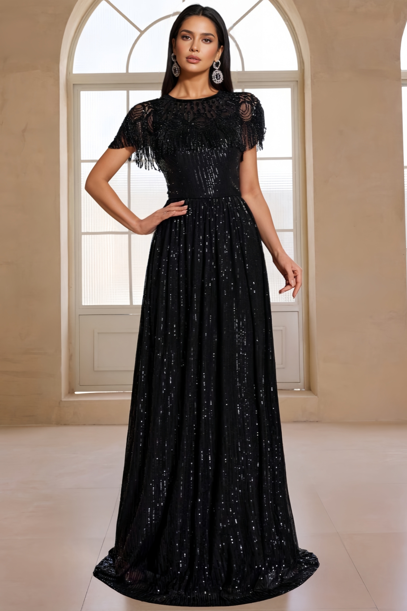 Fernanda Black Short Sleeve Fringe Maxi Dress