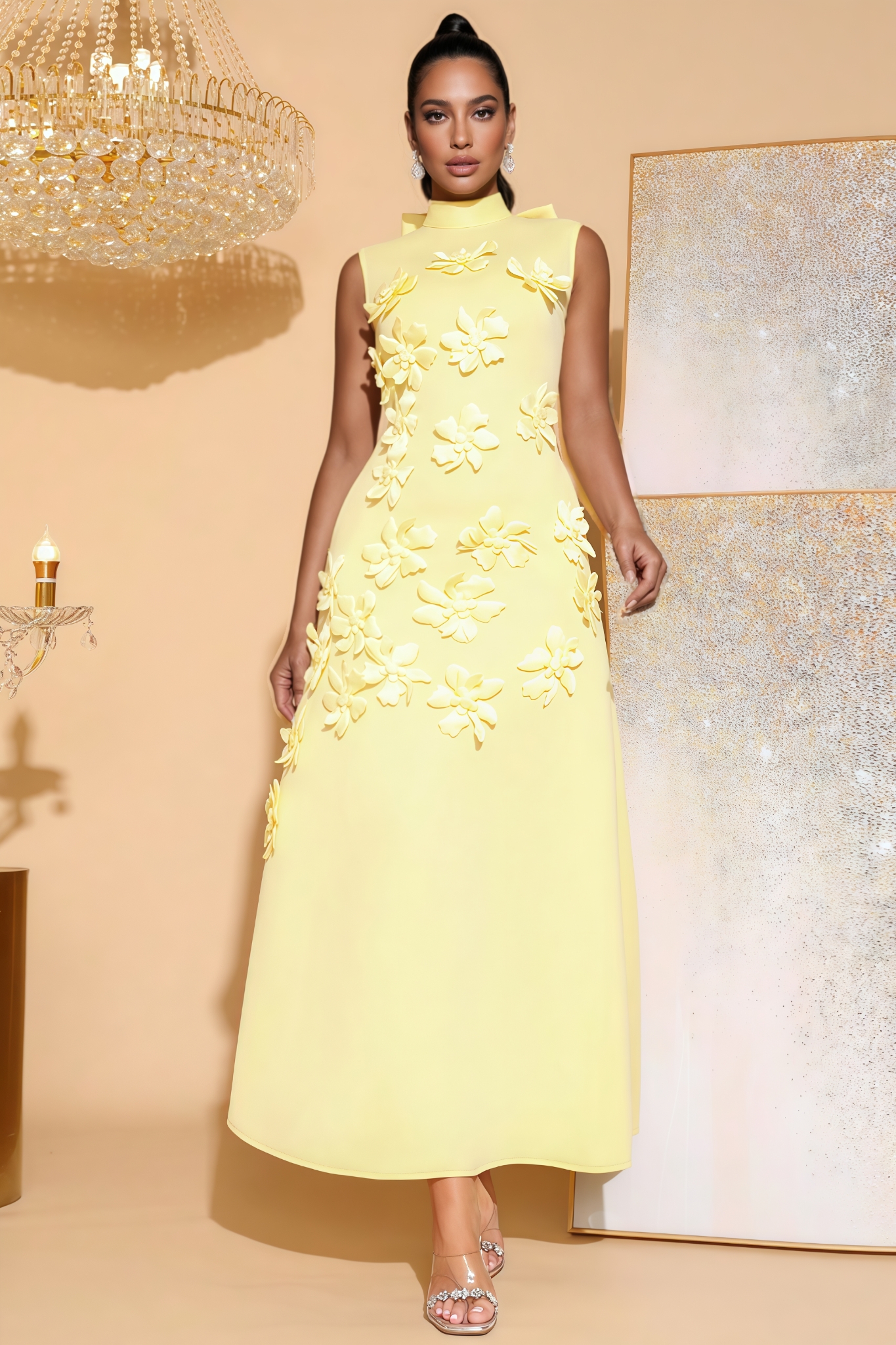 Bralen Sleeveless Yellow 3D Floral Maxi Dress