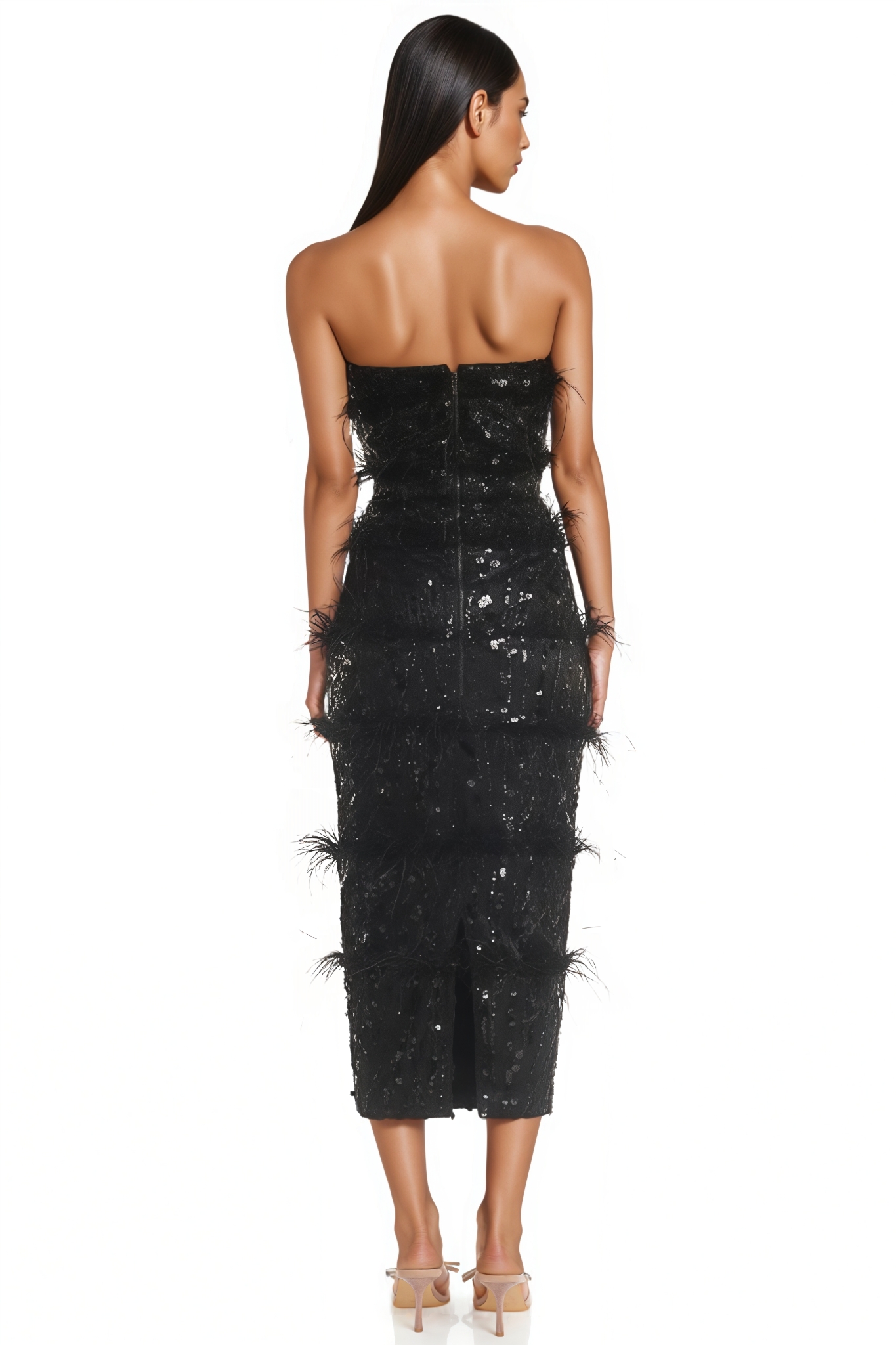 Alreem Sequined Off Shoulder Feather Midi Dress