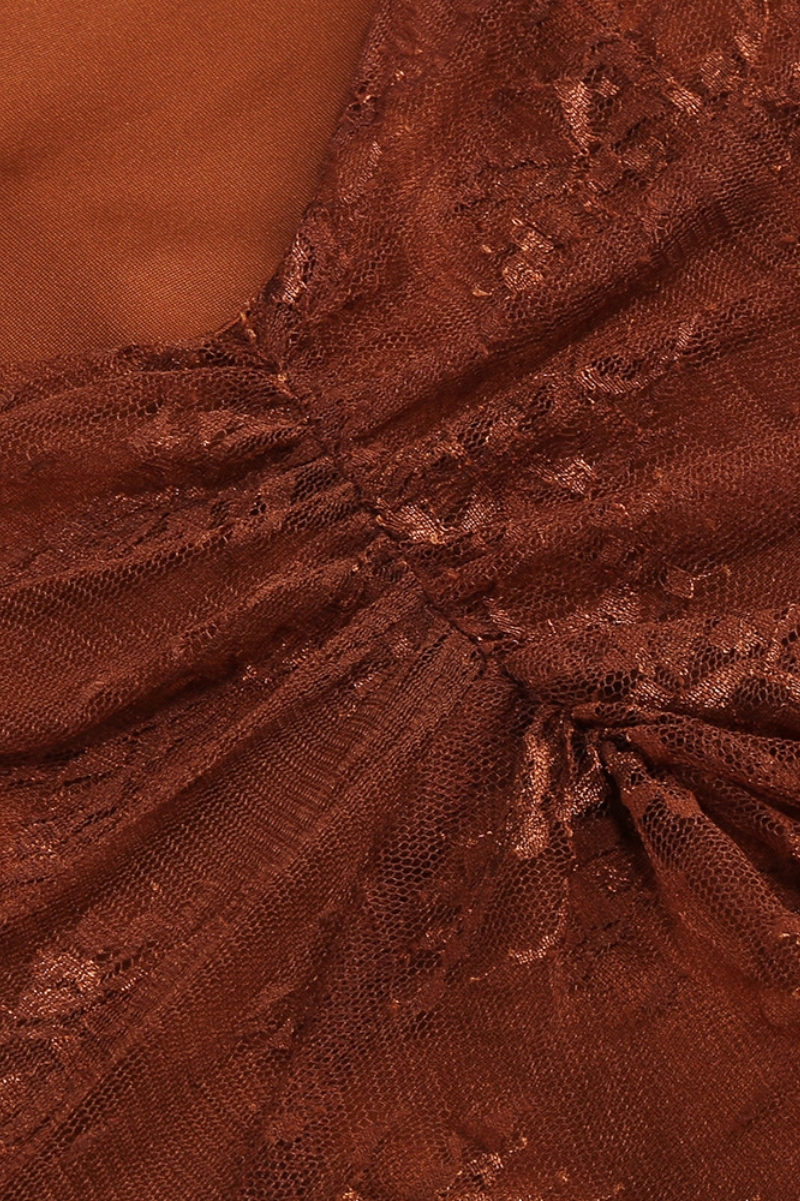 Lamellia Brown Halter Neck Lace Maxi Dress