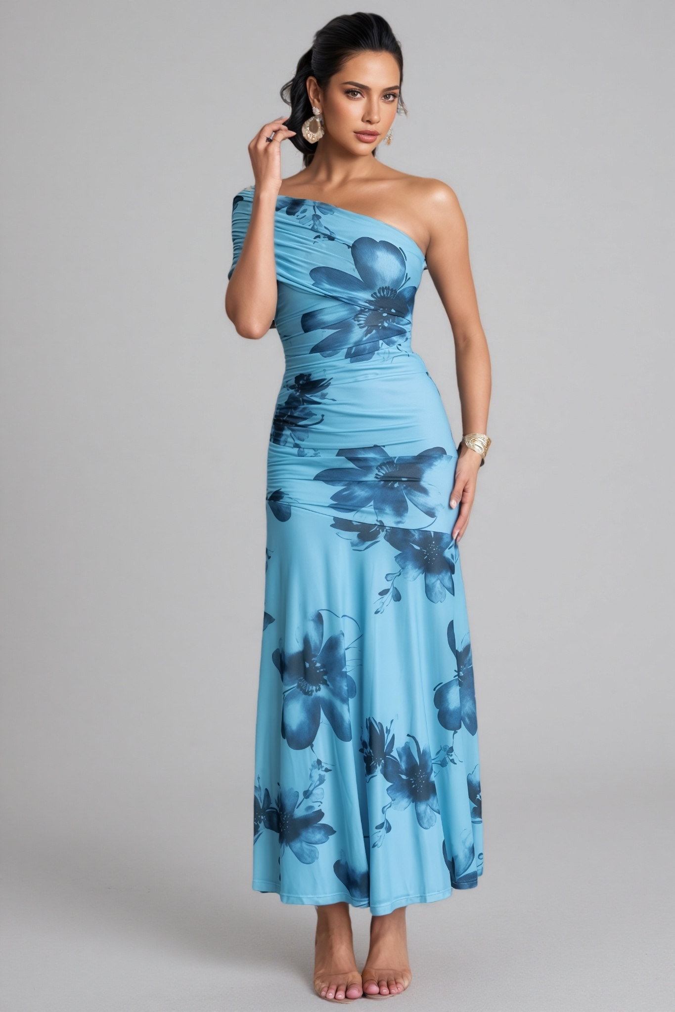 Saroyt Blue One Shoulder Floral Maxi Dress