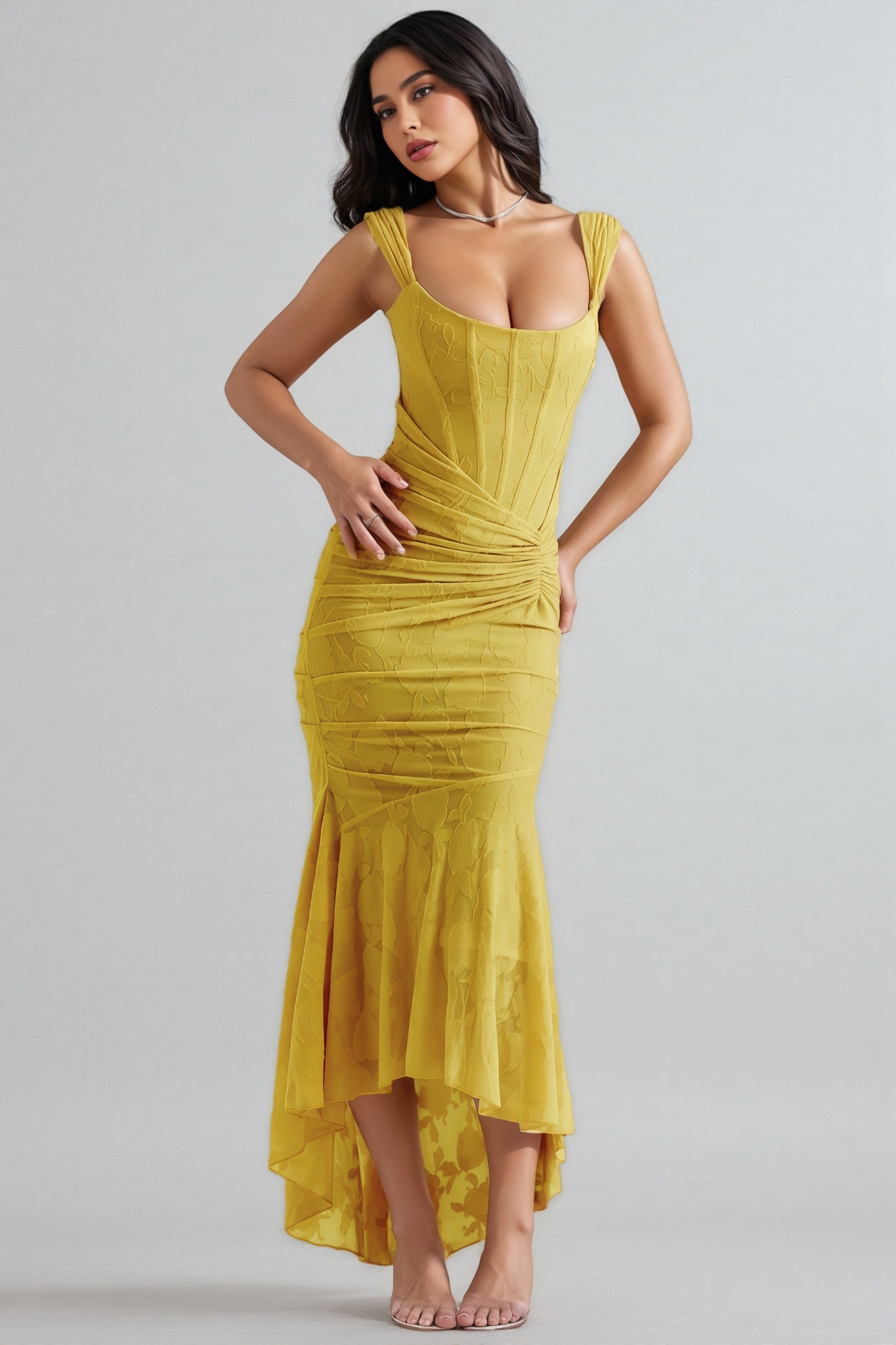 Kit Yellow Ruched Fishtail Maxi Dress