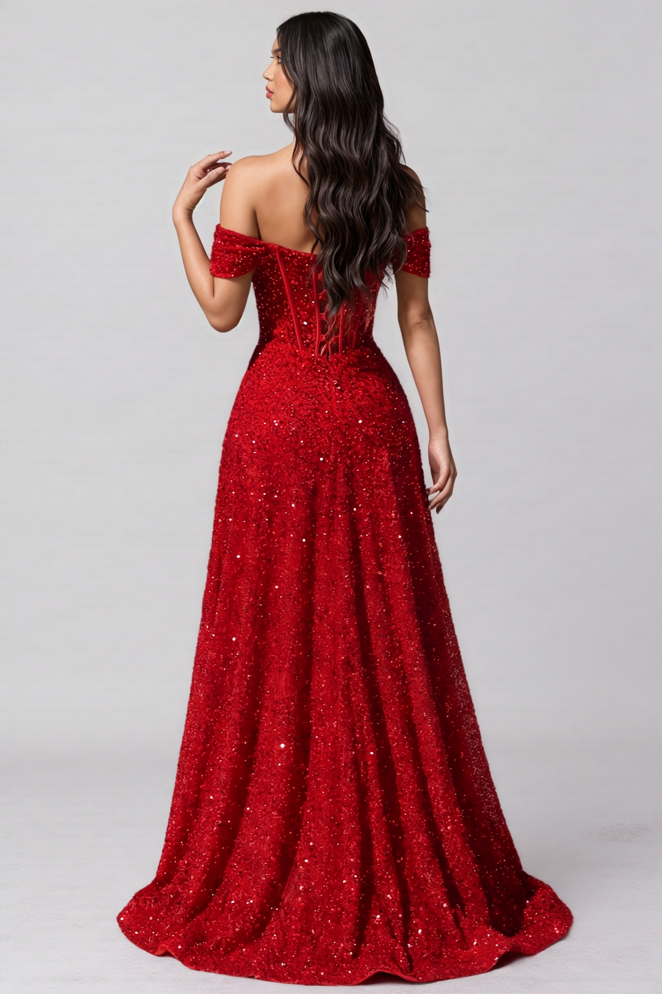 Yonny Red Off The Shoulder Sequin Maxi Dress