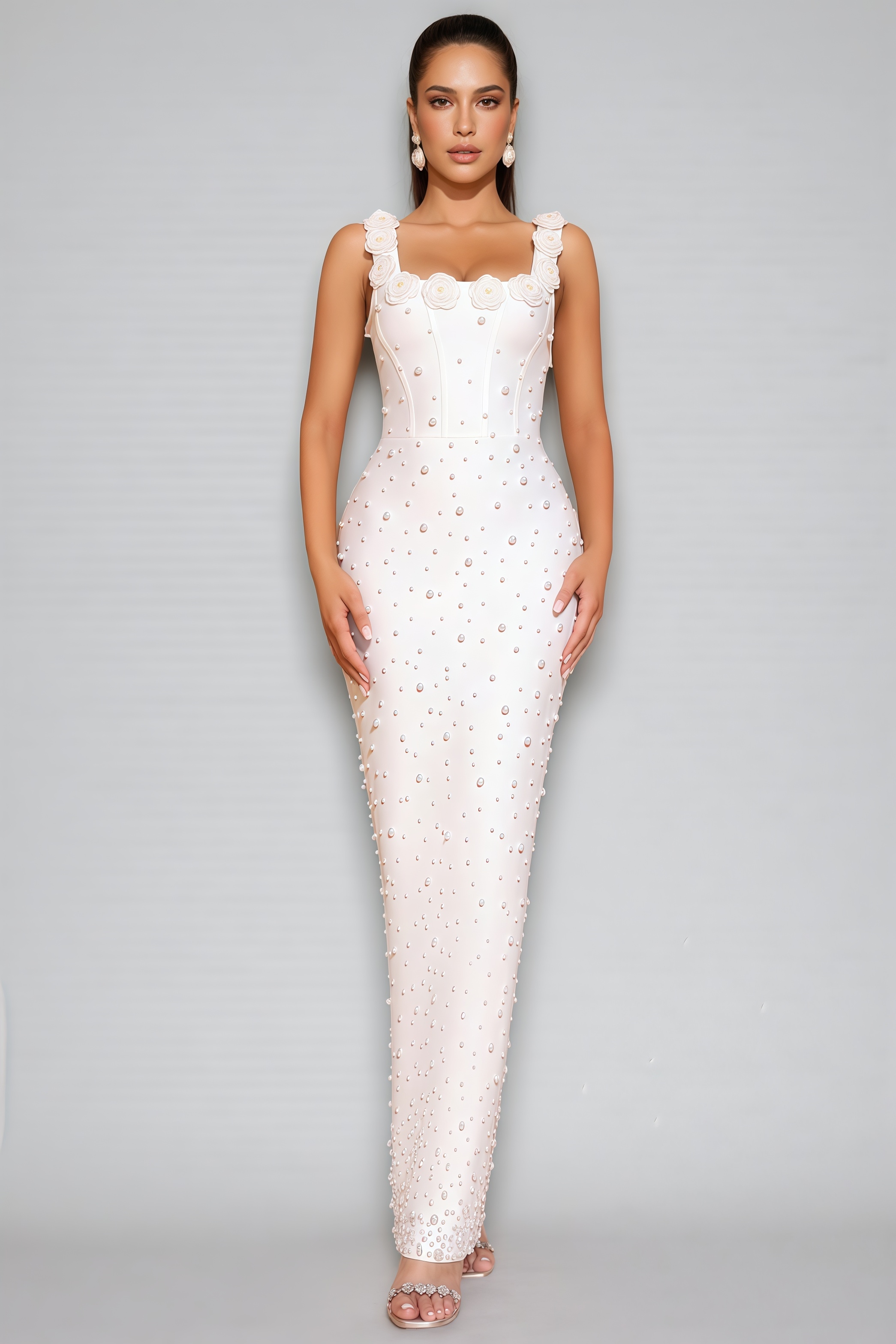 Maba White 3D Floral Maxi Dress