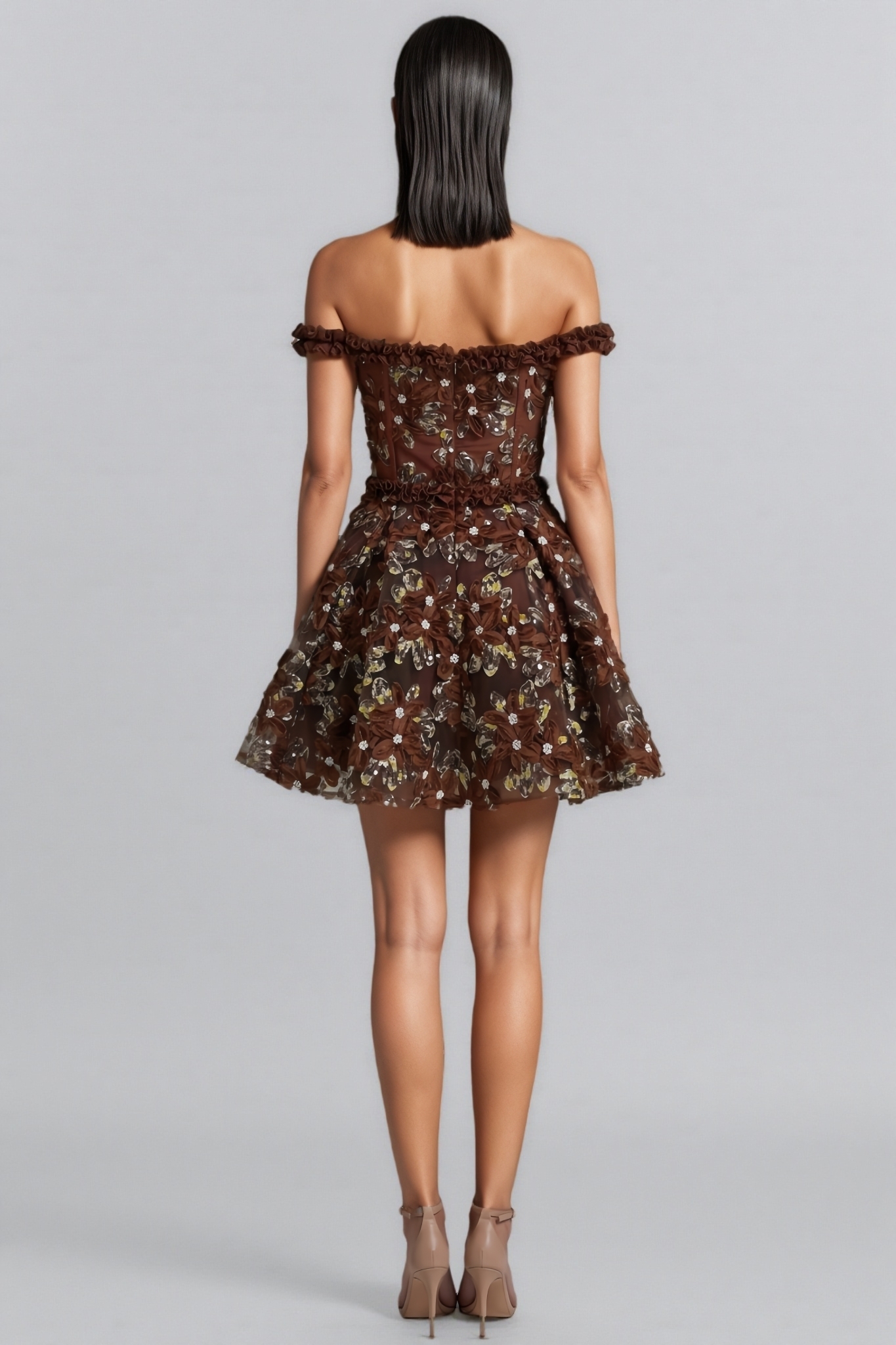 Eeyat Brown Off The Shoulder Ruffle Mini Dress