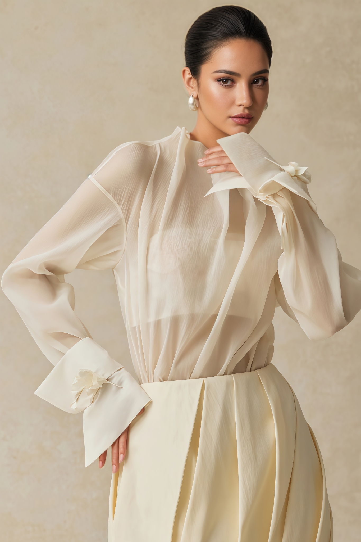 Dessa Beige Long Sleeve Pleated Mini Dress Set