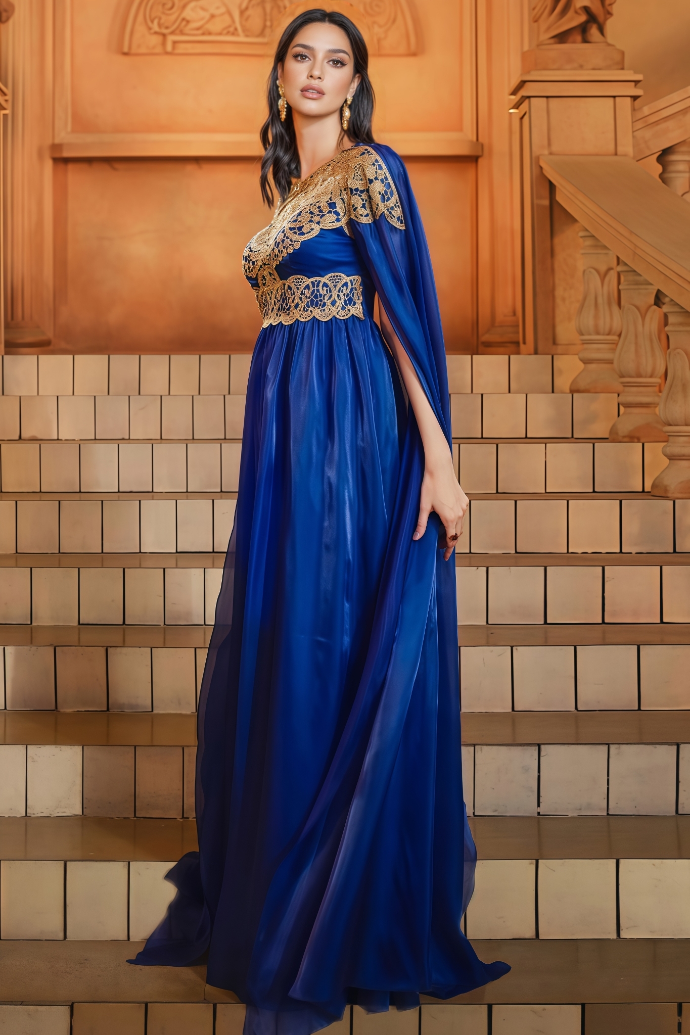 Joren Blue Long Sleeve Round Neck Maxi Dress