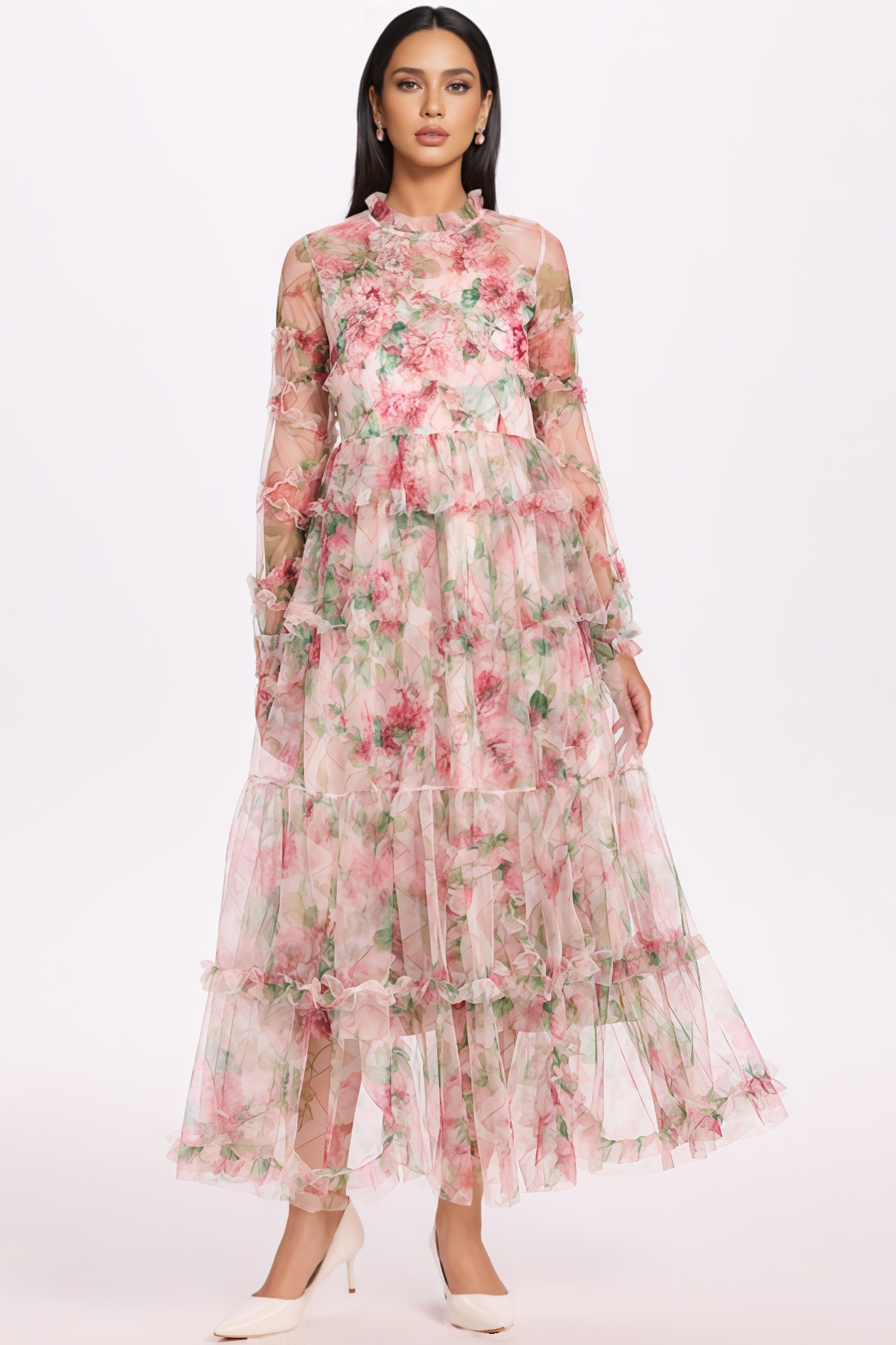 Nash Floral Mesh Ruffled Midi Dress