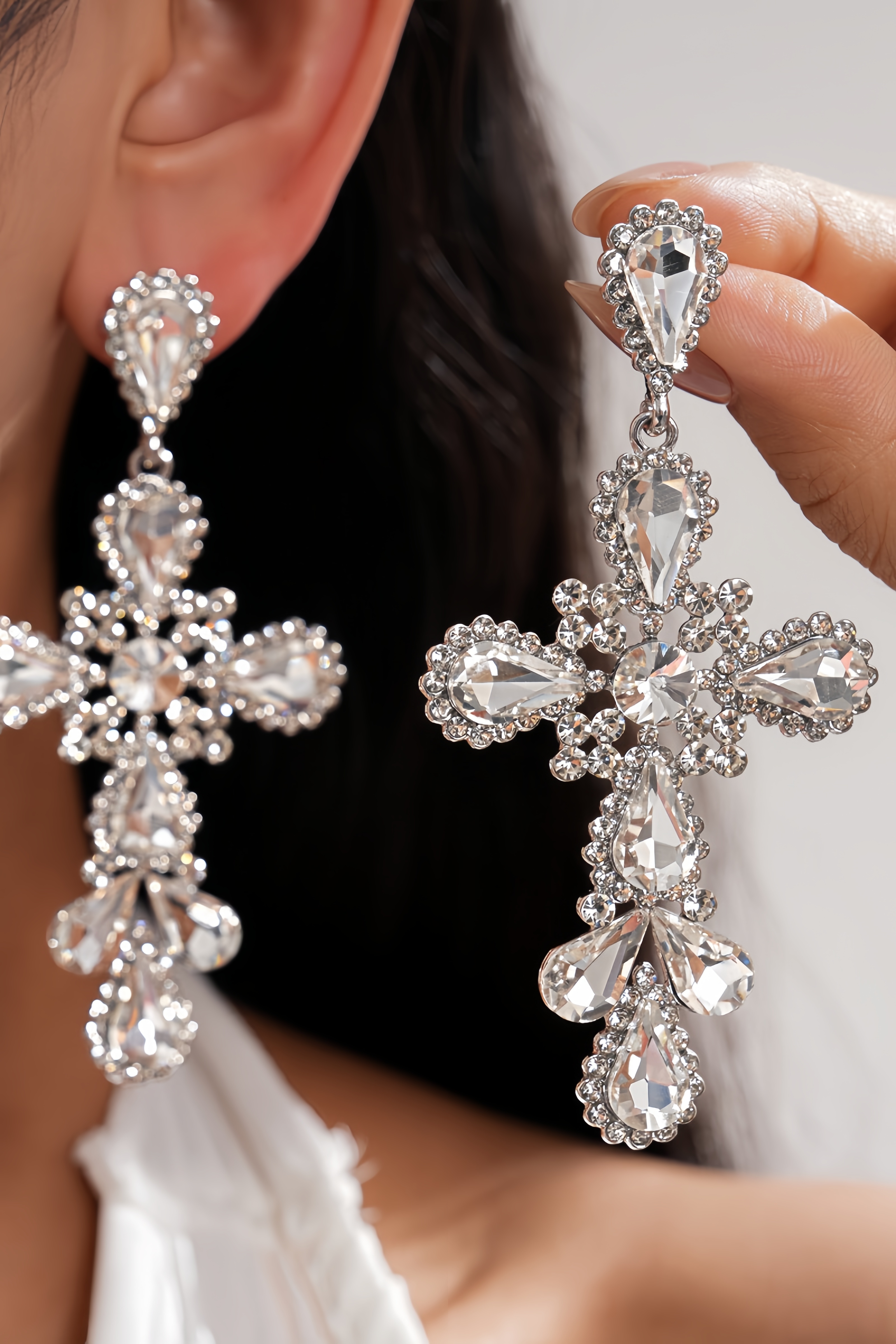 Eltlan Silvery Diamond Studded Teardrop Cross Earrings