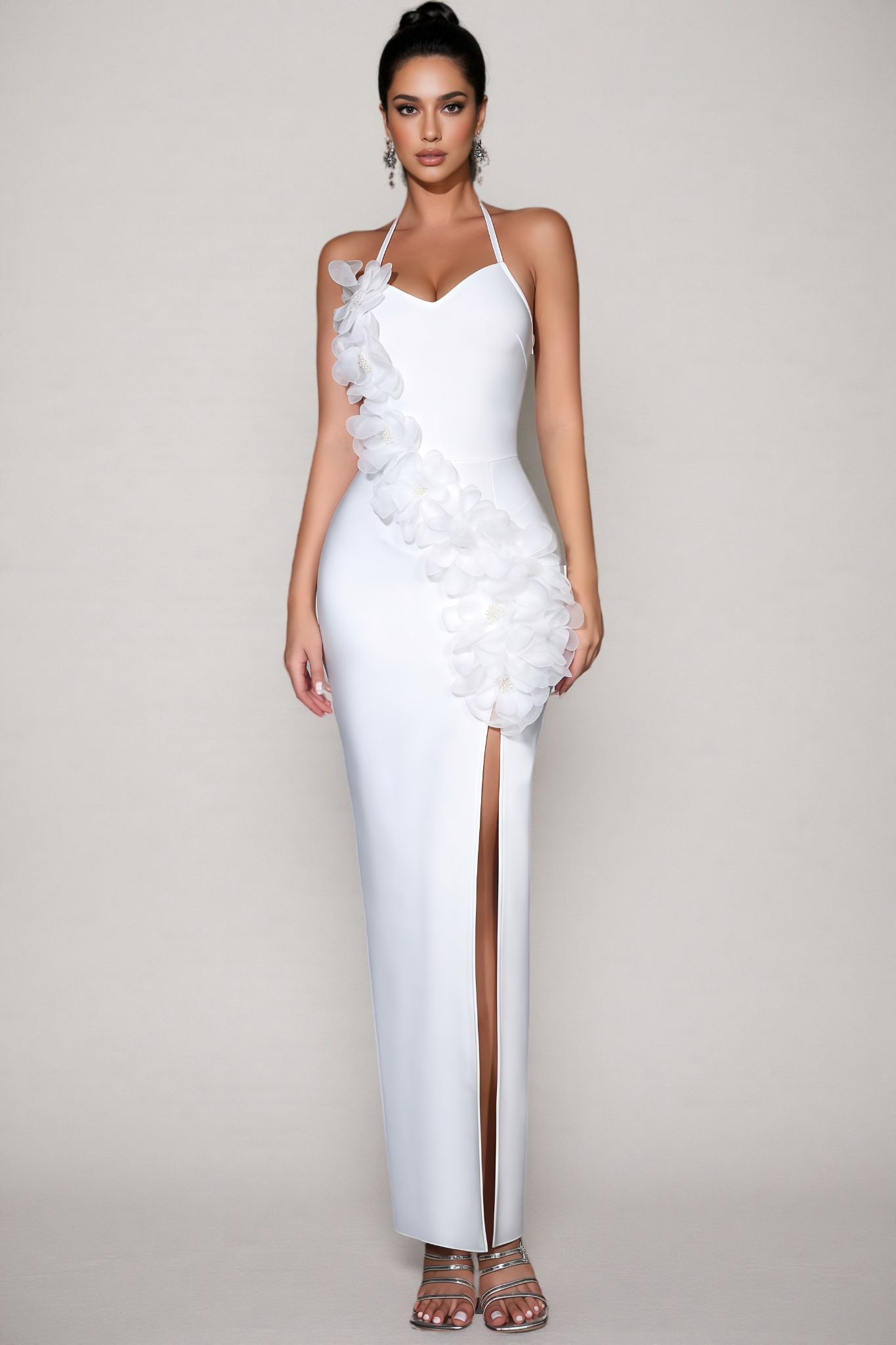 Yeney White 3D Floral Bandage Maxi Dress