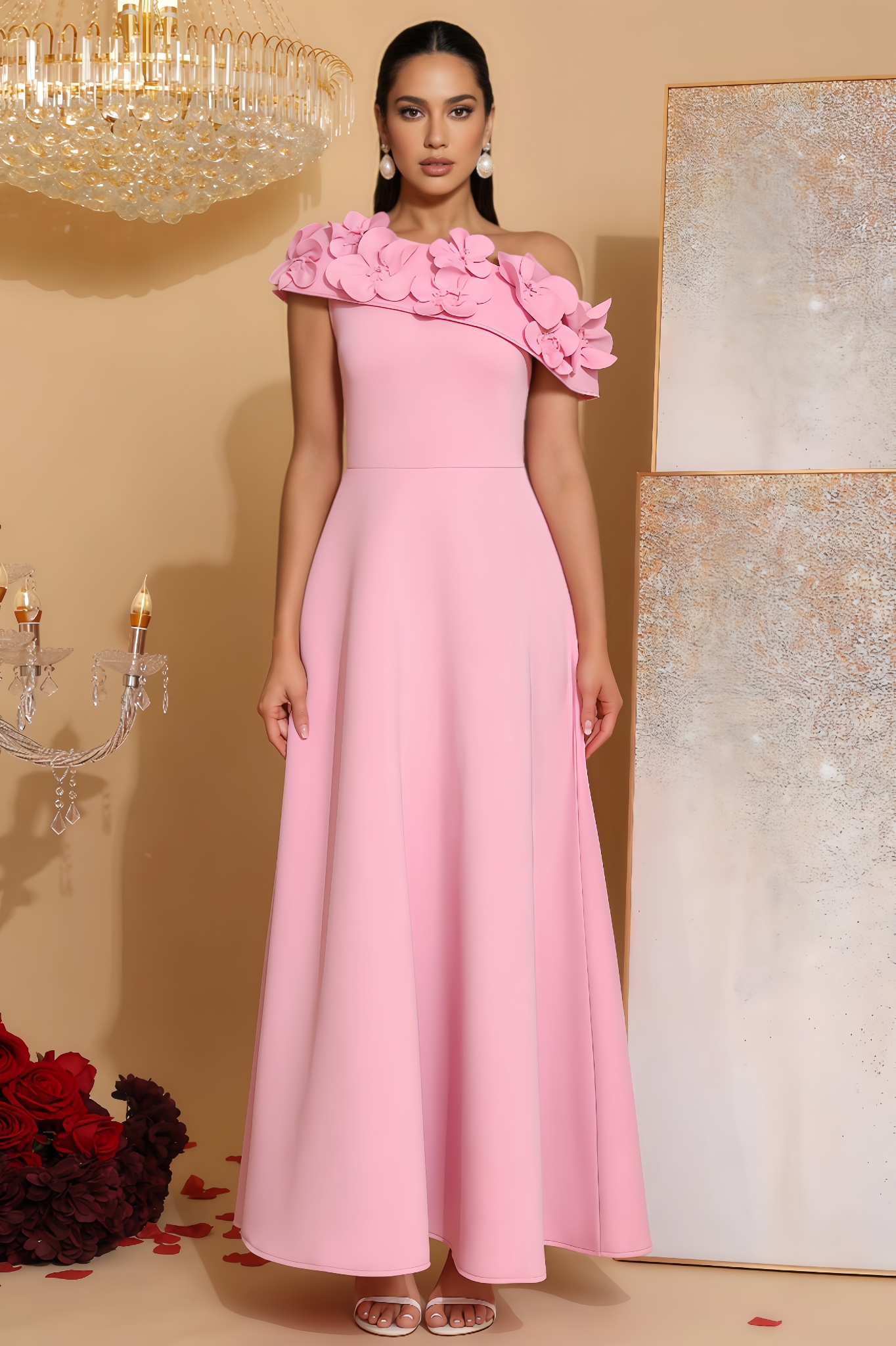 Yvonne Pink 3D Floral Maxi Dress
