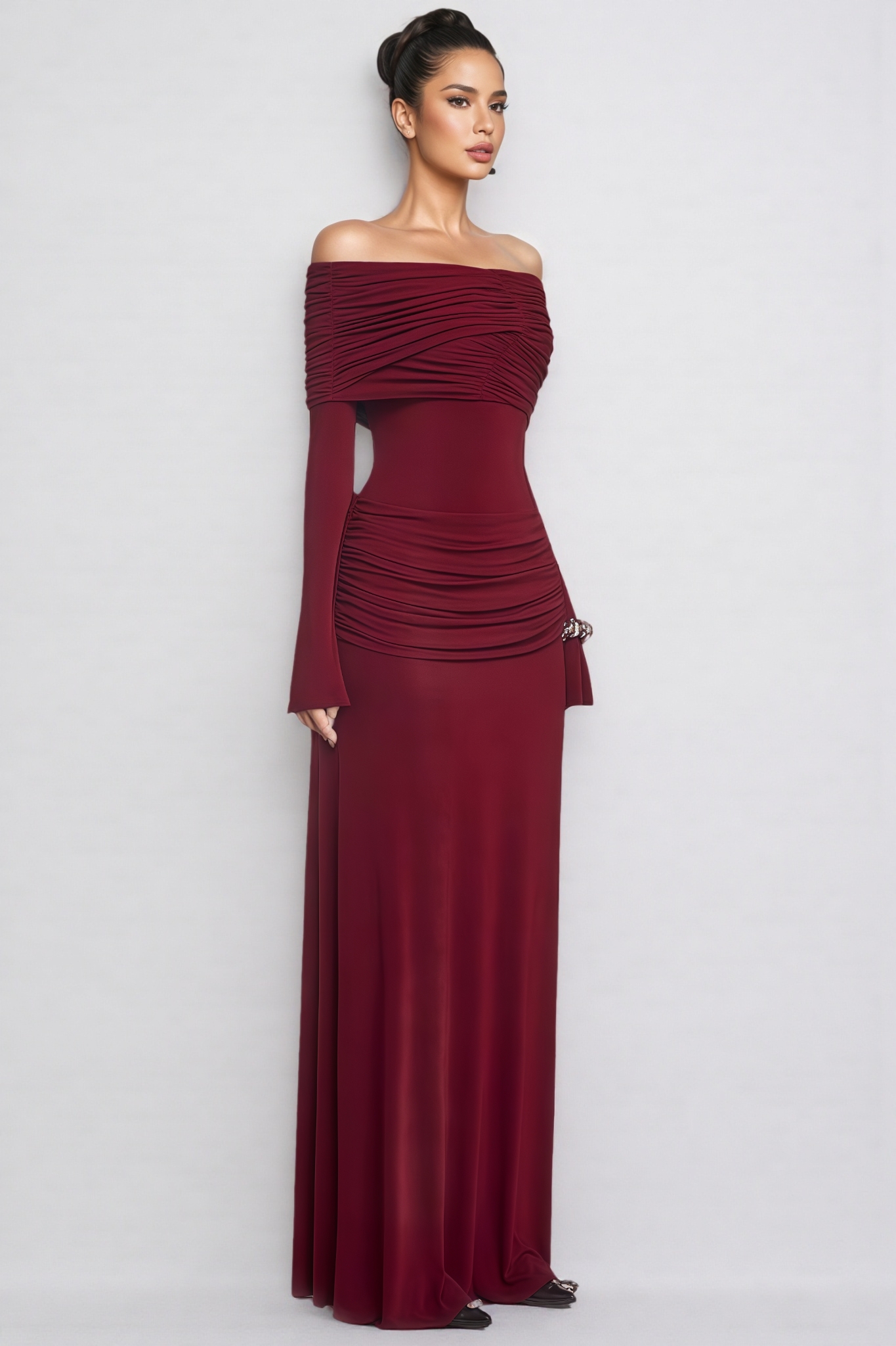 Calenly Red Knit Long Sleeve Pleated Maxi Dress