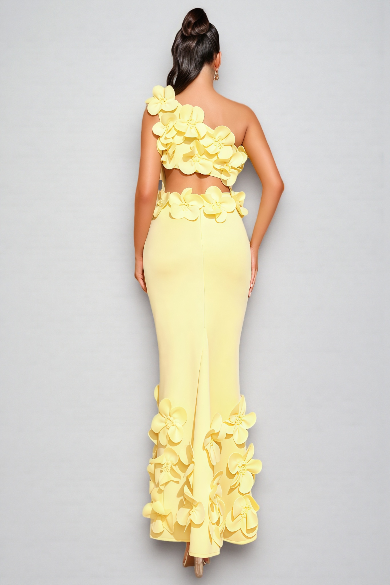Zalia Yellow One-Shoulder 3D Floral Maxi Dress
