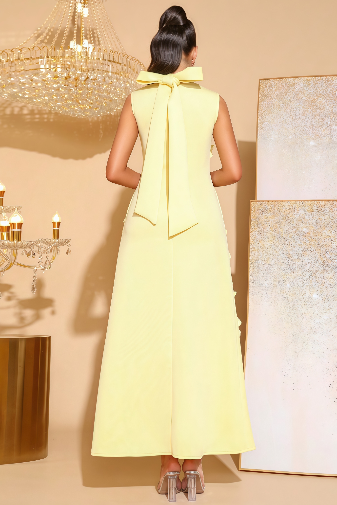 Bralen Sleeveless Yellow 3D Floral Maxi Dress