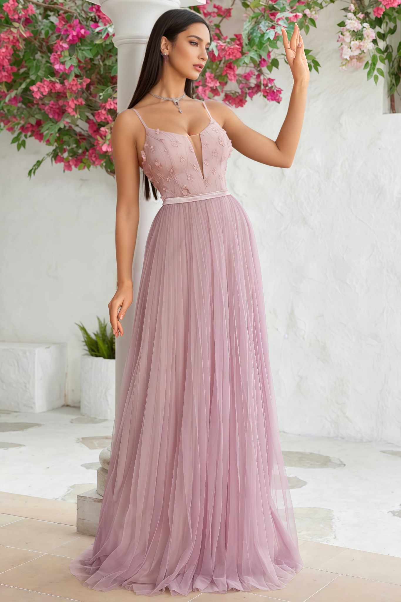 OlibiatI Pink Tulle Halter Maxi Dress