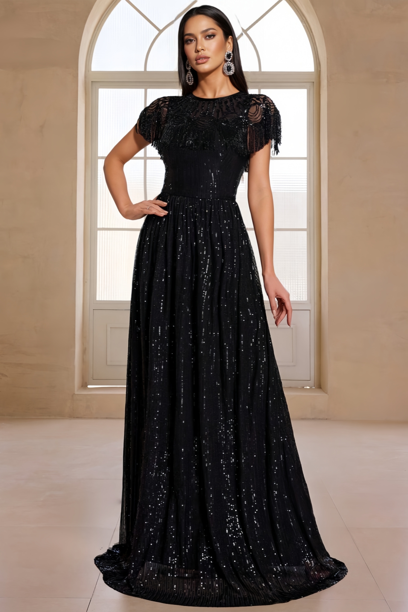 Fernanda Black Short Sleeve Fringe Maxi Dress