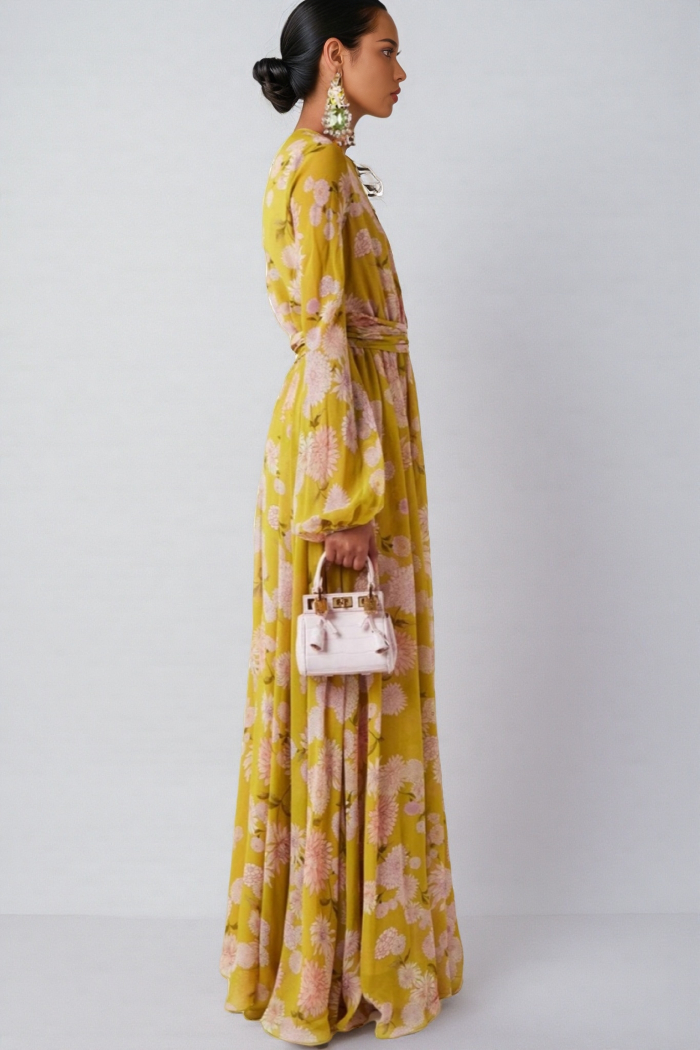 Giselle Floral Lace Up Puff Sleeve Maxi Dress